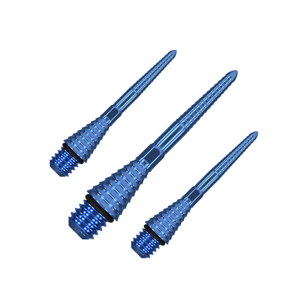 Auf dem Bild sind drei blaue, gerillte Spitzen mit Gewinde zu sehen. Sie sind aus Metall und haben eine konische Form.