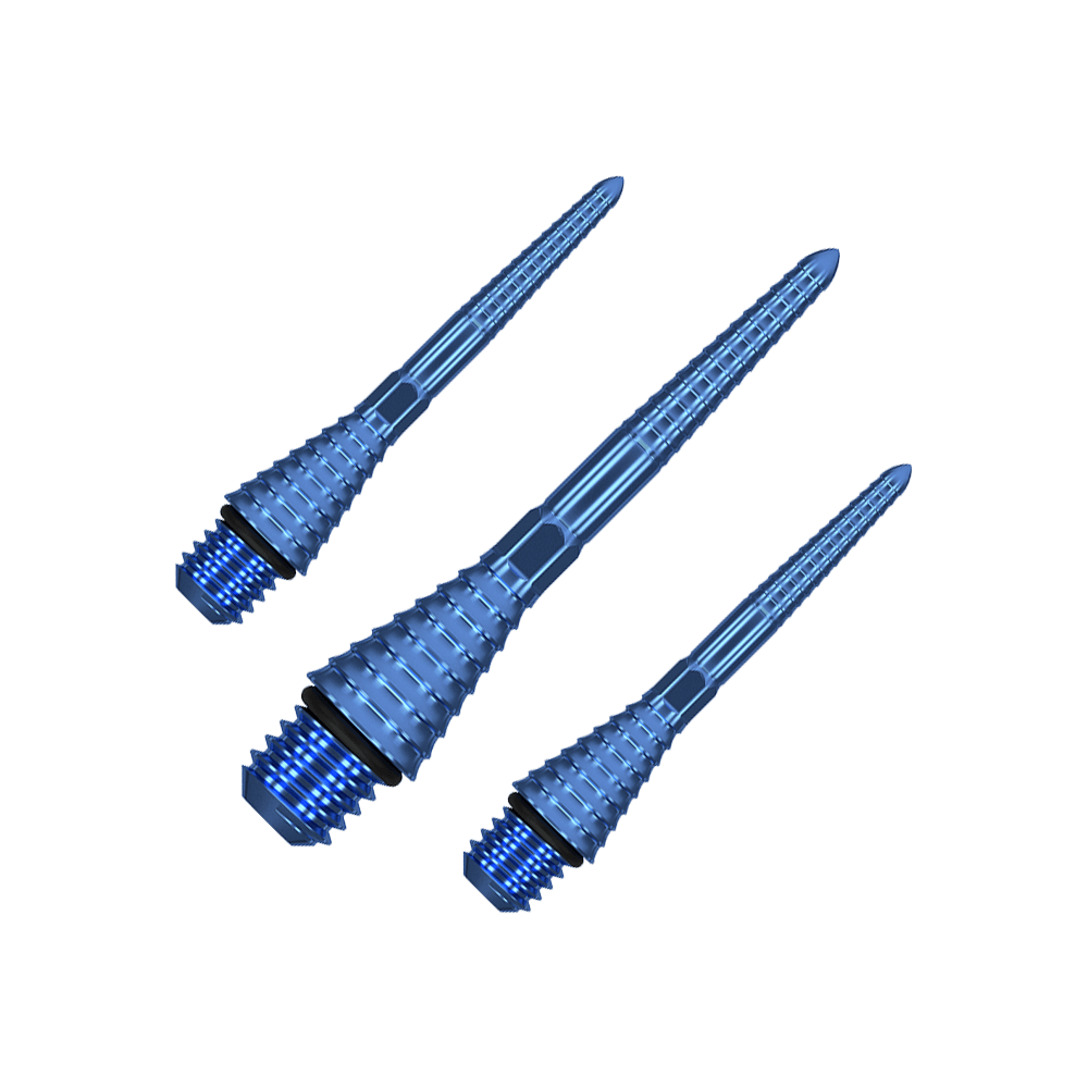 380176_Target_Titanium_Swiss_Point_Grooved_Conversion_Points_Blau_26mm_1 Auf dem Bild sind drei blaue, gerillte Spitzen mit Gewinde zu sehen. Sie sind aus Metall und haben eine konische Form.
