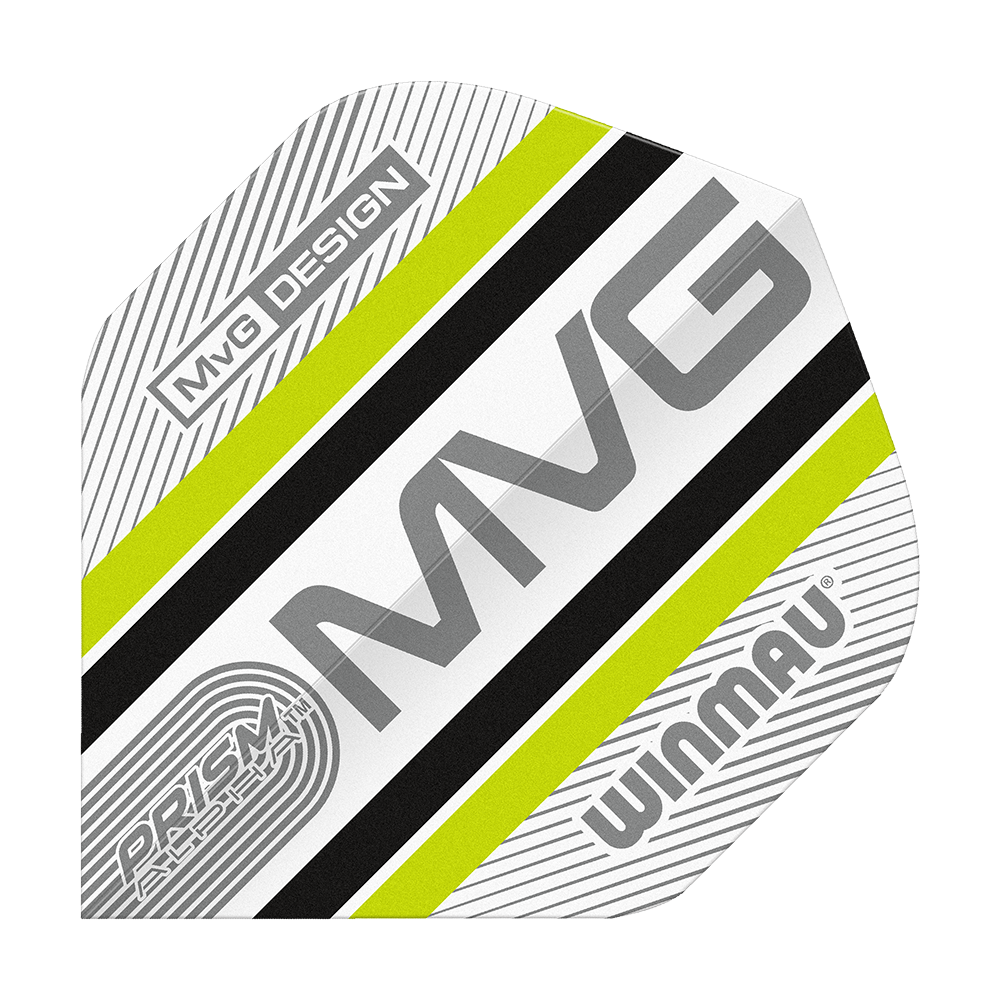 Dies ist ein Winmau Alpha Michael Van Gerwen MvG 85 Standard Dart Flight. Das Flight-Design ist weiß mit schwarzen und neon-gelben Streifen sowie den Schriftzügen „MvG“, „PRISM ALPHA“ und „WINMAU“.