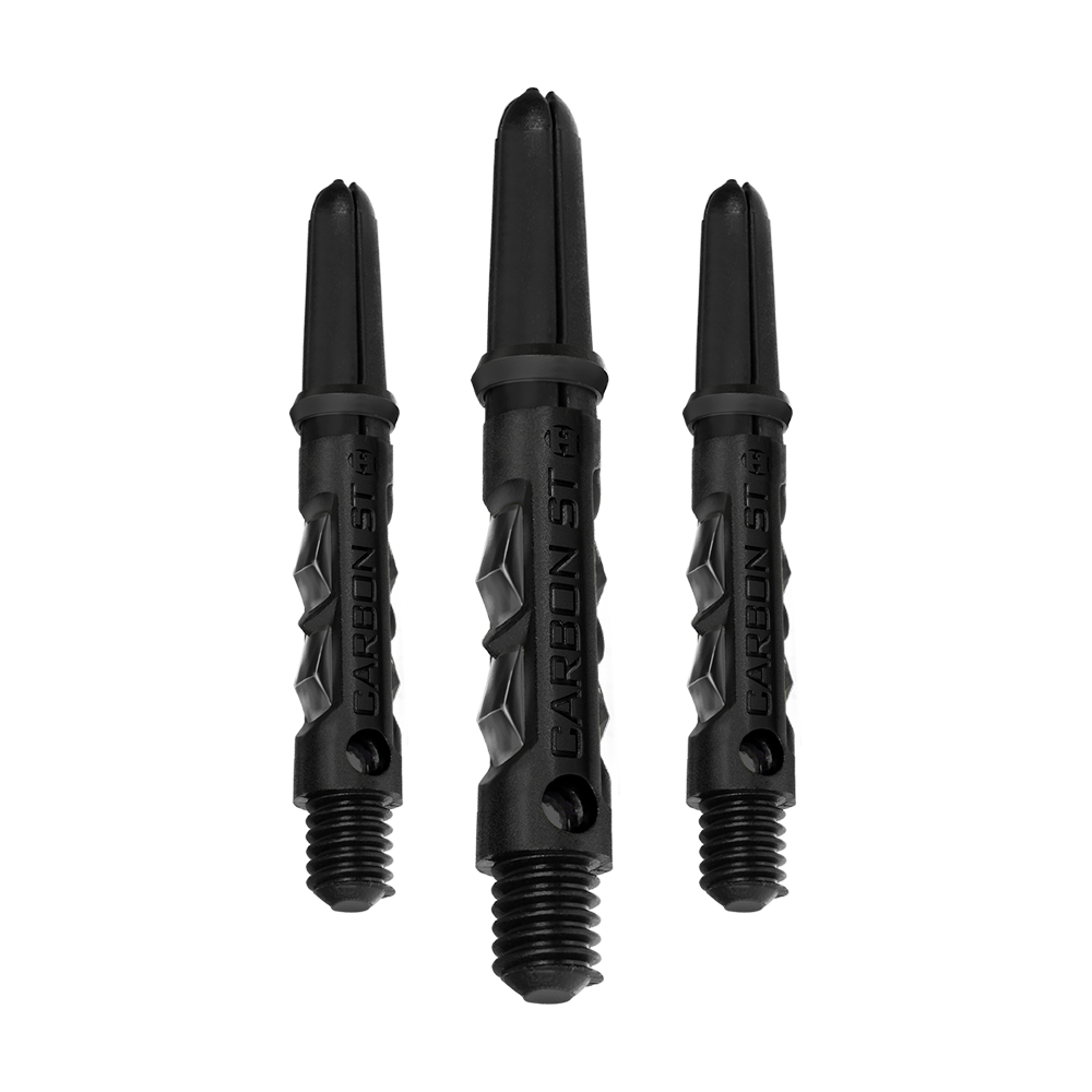 Das Bild zeigt drei schwarze Harrows Carbon ST Shafts für Dartpfeile. Die Schäfte haben ein modernes, strukturiertes Design und sind unterschiedlich lang.