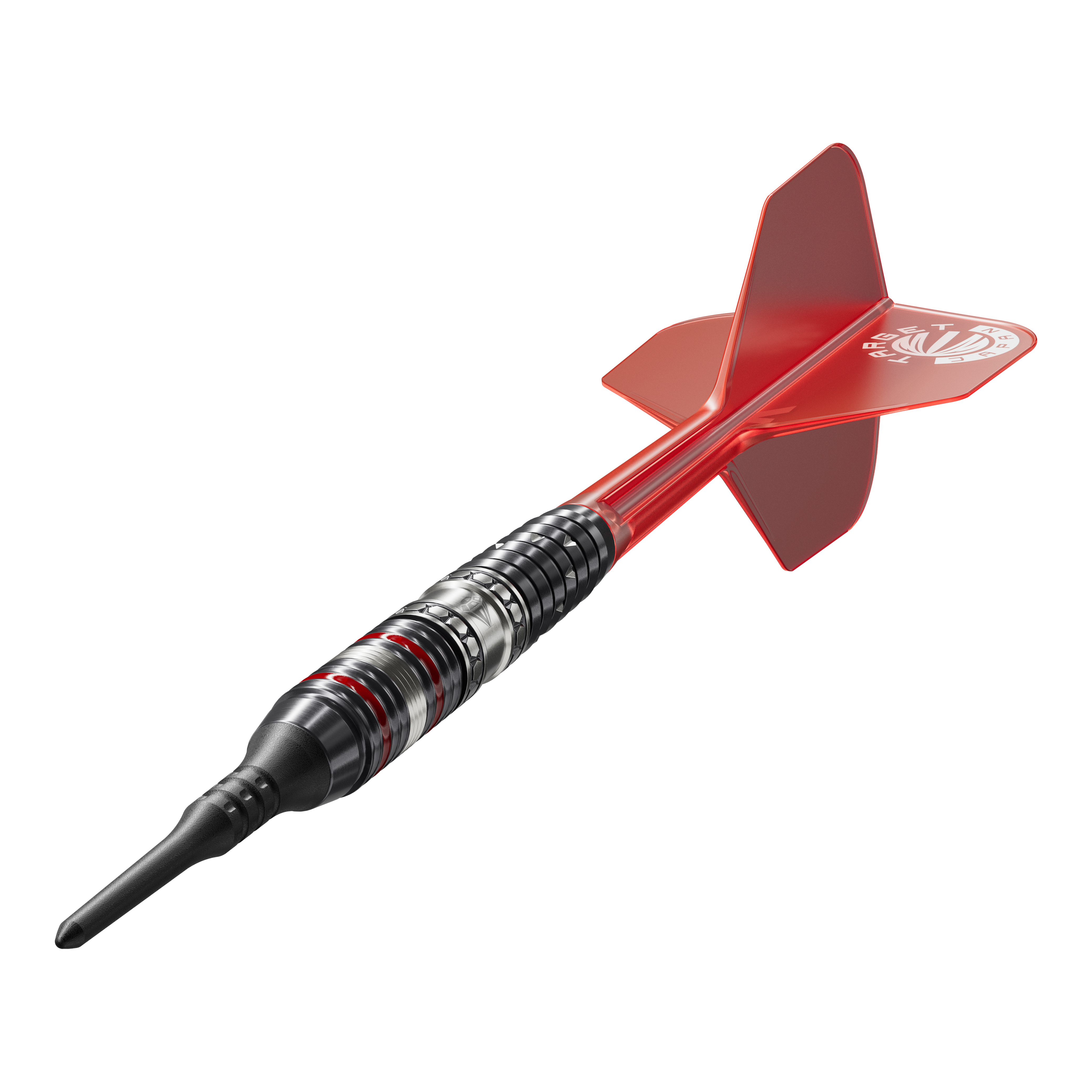 Target Japan Prime Series Diamond GEN3 Softdarts - 18g Das Bild zeigt einen Softdart der Serie "Target Japan Prime Series Diamond GEN3" mit einem Gewicht von 18g. Der Dart ist schwarz-silbern mit roten Akzenten und hat eine rote Flights.