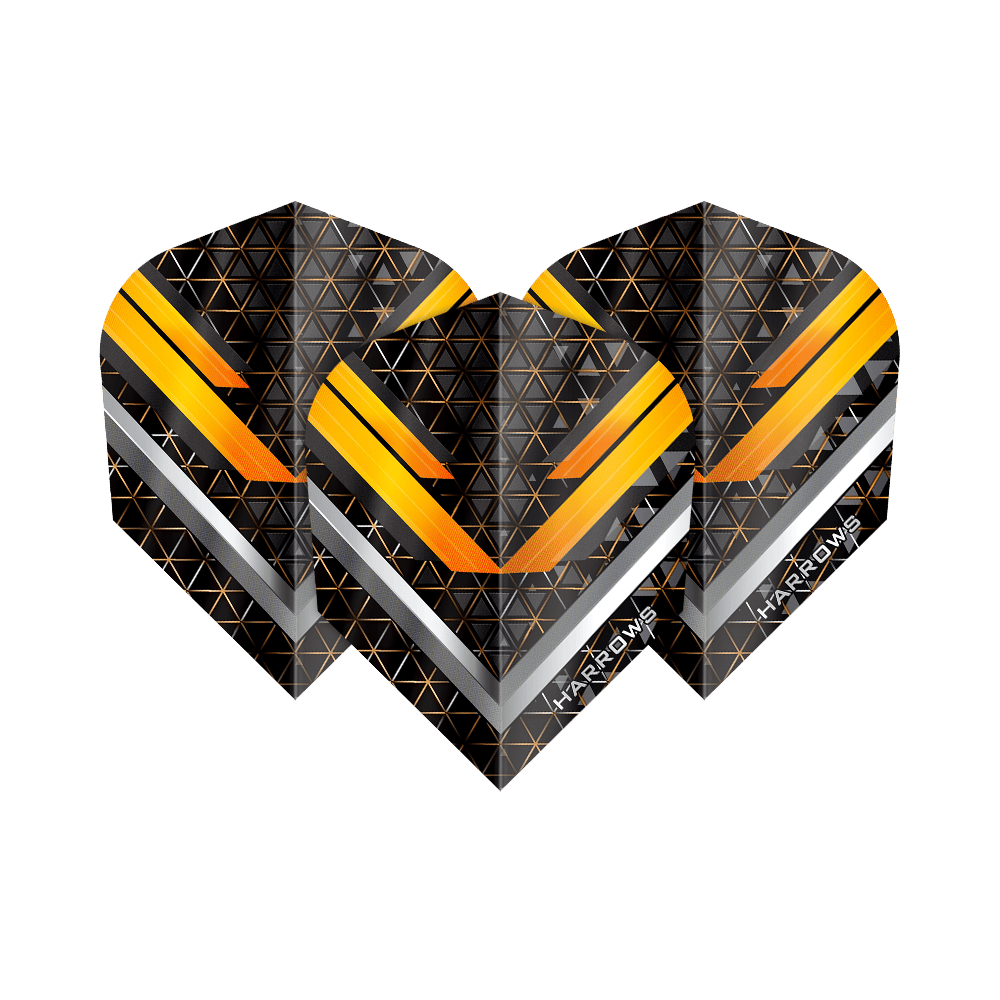 Harrows Vulcan No6 Flights Harrows Vulcan No6 Flights sind moderne Dartflights mit auffälligem Design. Die Abbildung stellt ein Set dieser Flights dar.