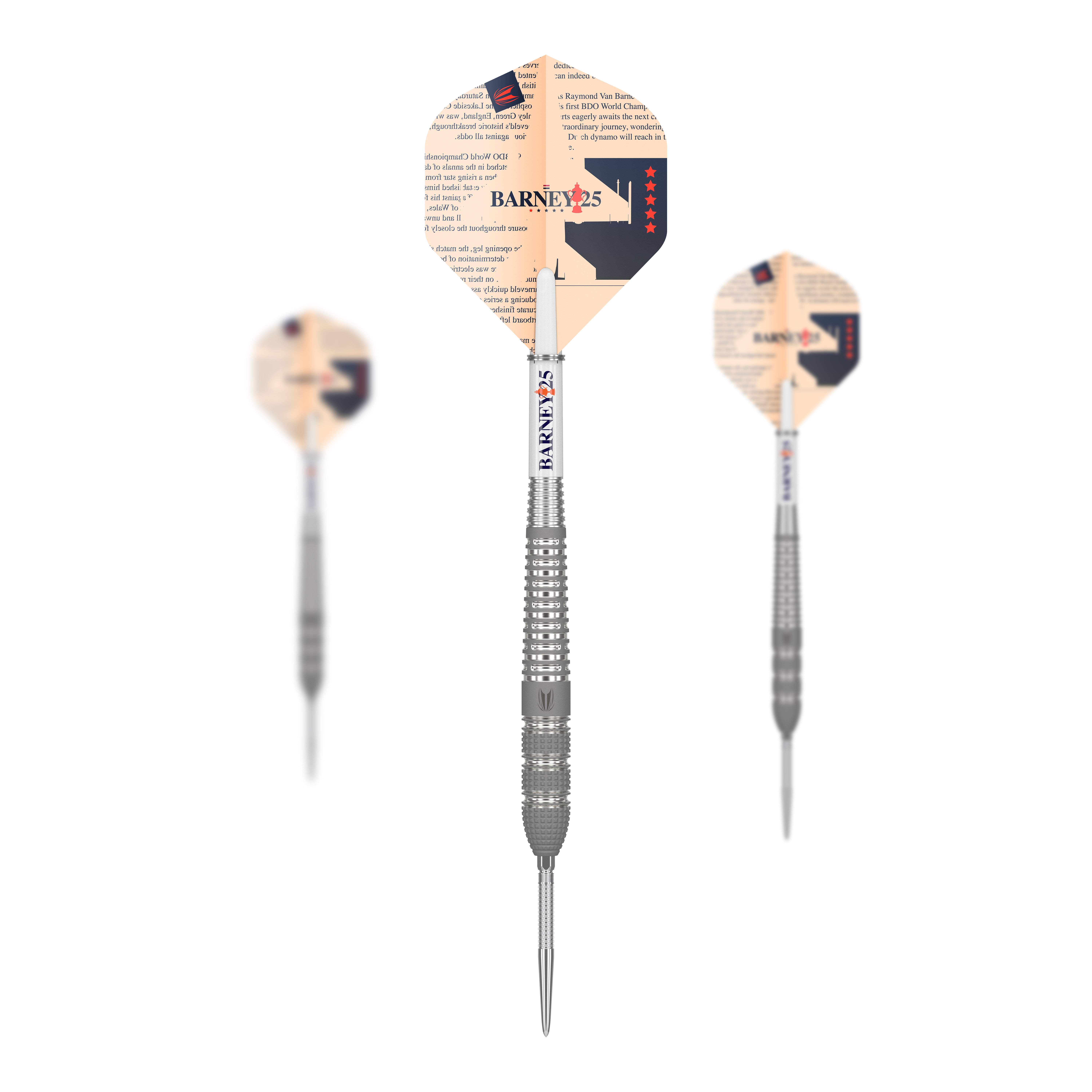 Das Bild zeigt drei Steeldarts der Marke "Target Raymond Van Barneveld Barney25 Swiss Point." Die Darts haben silberne Spitzen und Schäfte sowie spezielle Flights mit Schriftzug und Designelementen.