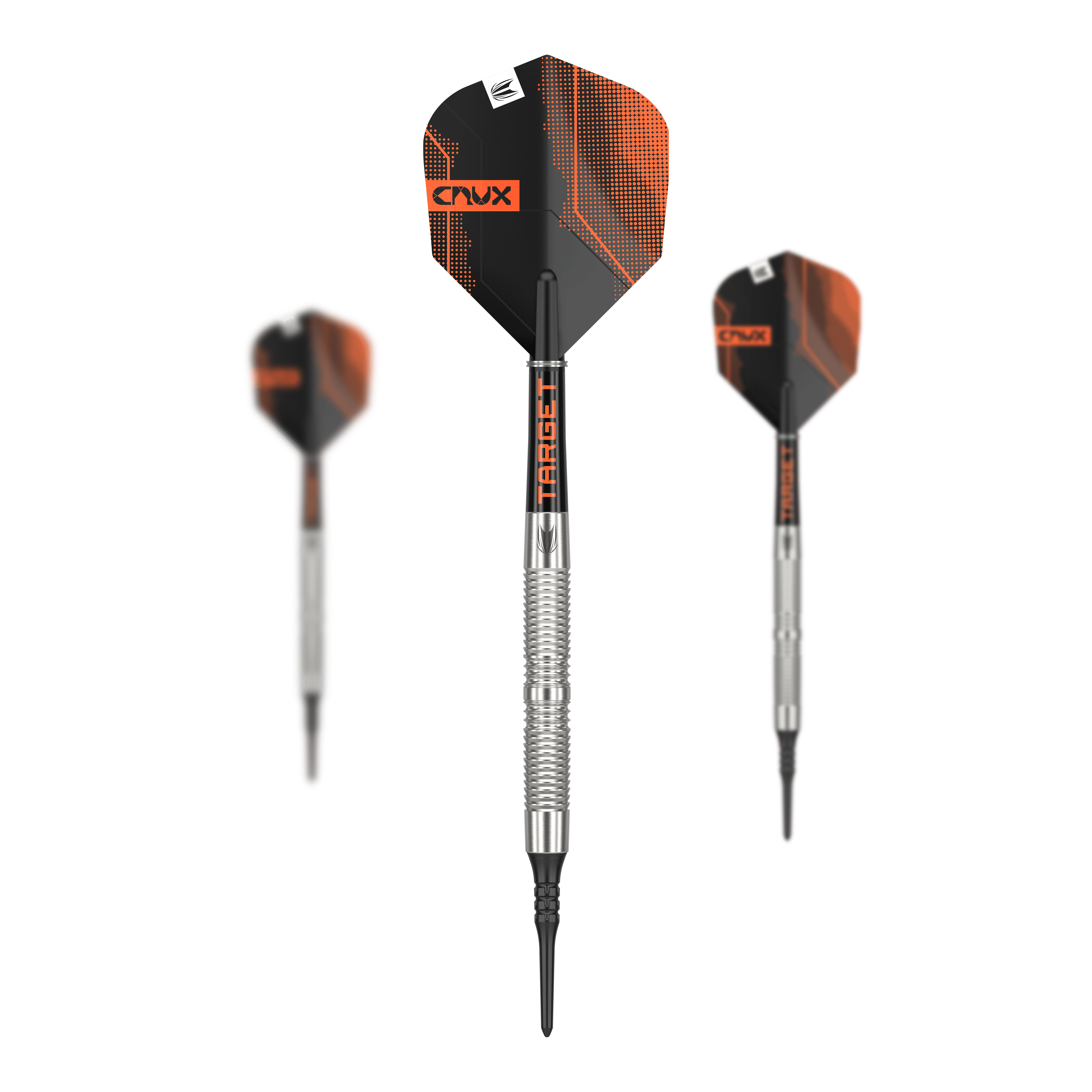 Das Bild zeigt drei Softdarts mit silbernen Griffen und schwarzen sowie orangefarbenen Flights. Auf den Flights ist das Wort "CRUX" zu sehen.
