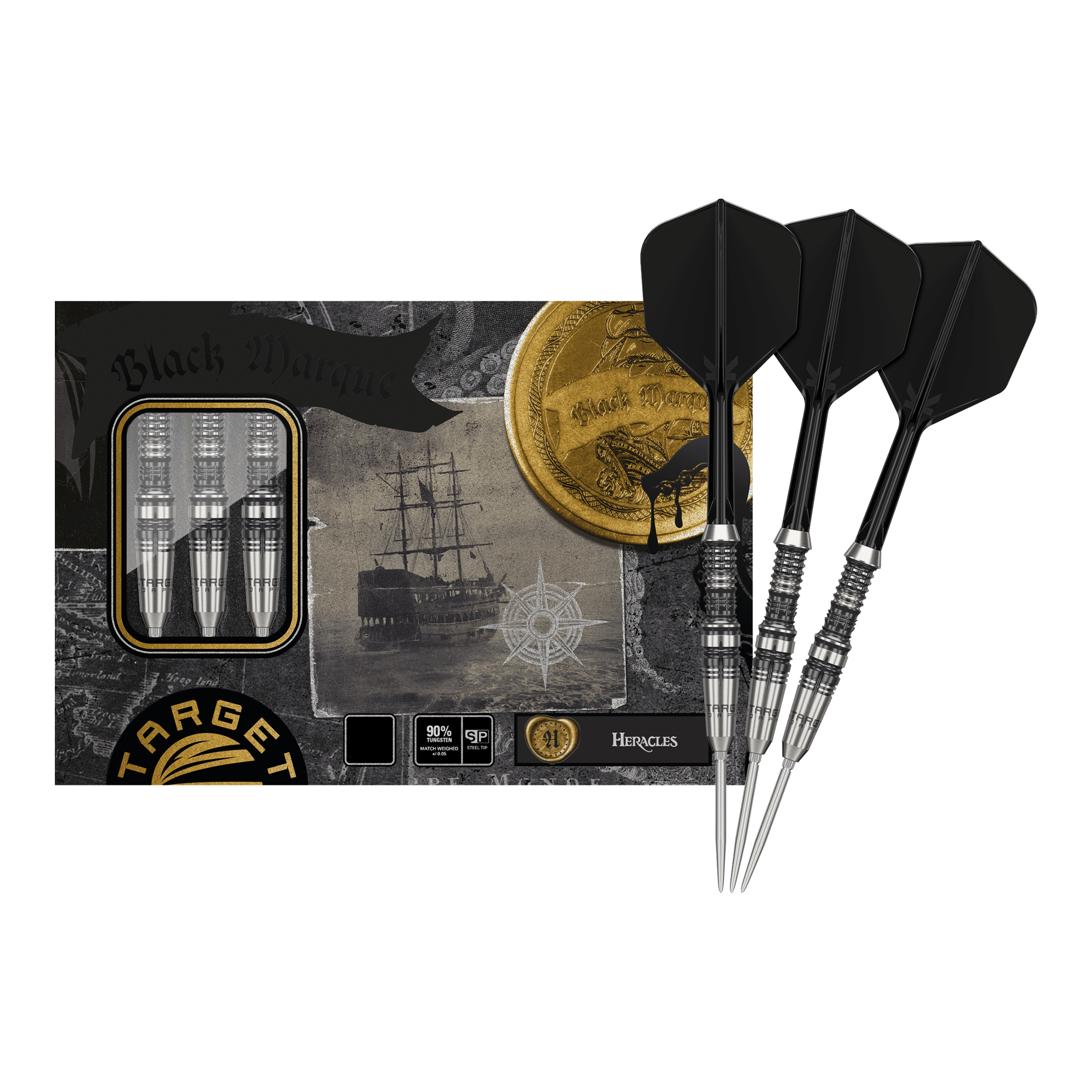 Das Bild zeigt die Target Japan Black Marque Heracles Steeldarts zusammen mit ihrer Verpackung. Drei silberne Darts mit schwarzen Flights liegen rechts neben einer stilvoll gestalteten Box.