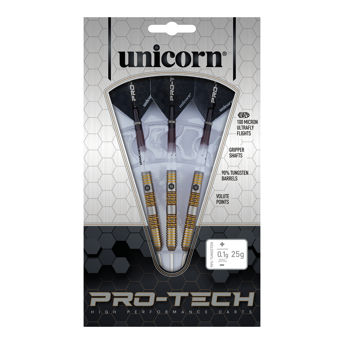 Das Bild zeigt die Unicorn Pro-Tech Style 6 Steeldarts mit einem Gewicht von 23g. Die Verpackung enthält drei hochwertige Steeldarts mit 90% Tungsten-Barrels und ultrastarken Flights.