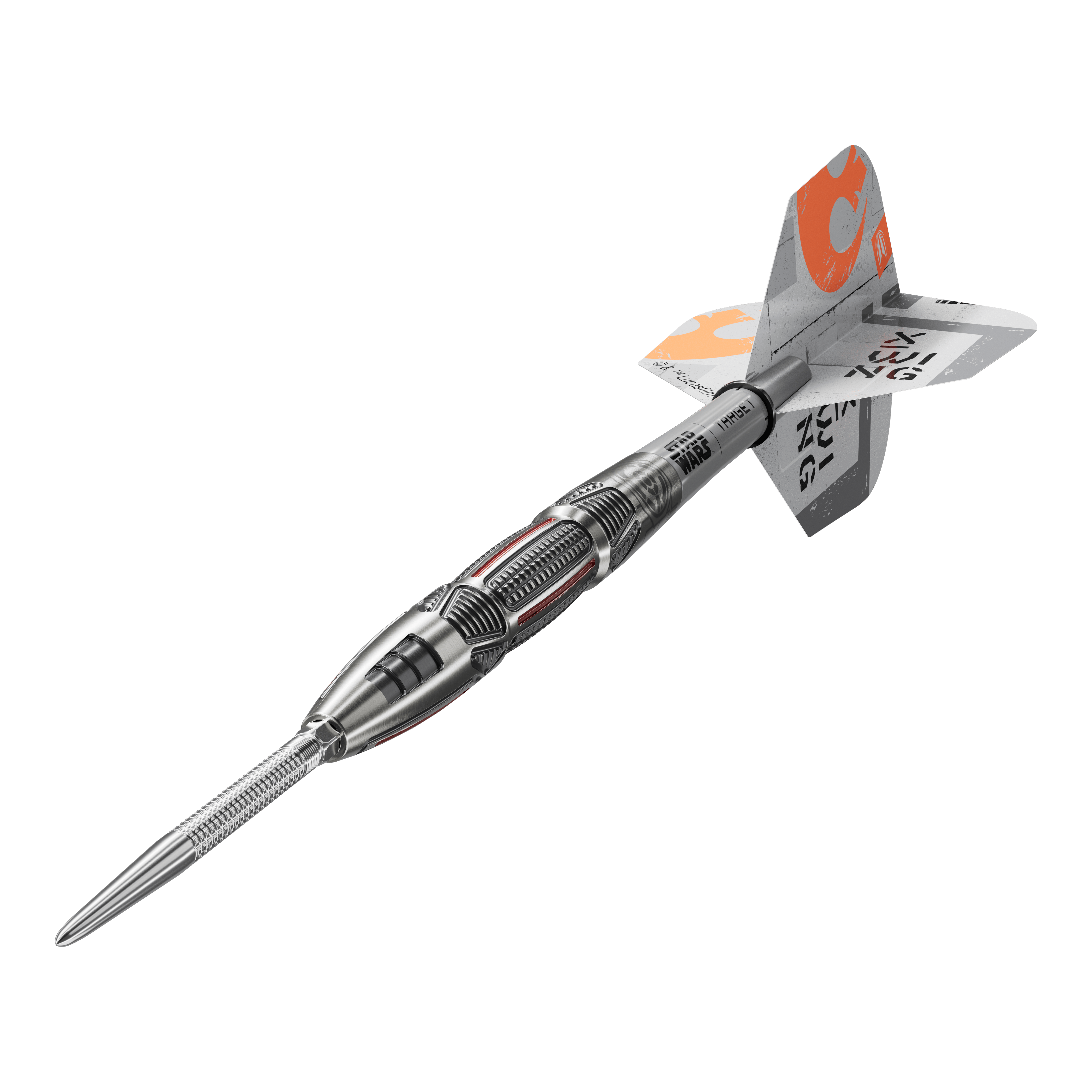 Target Star Wars X-Wing Swiss Point Steeldarts Target Star Wars X-Wing Swiss Point Steeldarts sind hochwertige Steeldarts mit X-Wing-Design. Das Bild zeigt die Darts aus einer Detailperspektive.