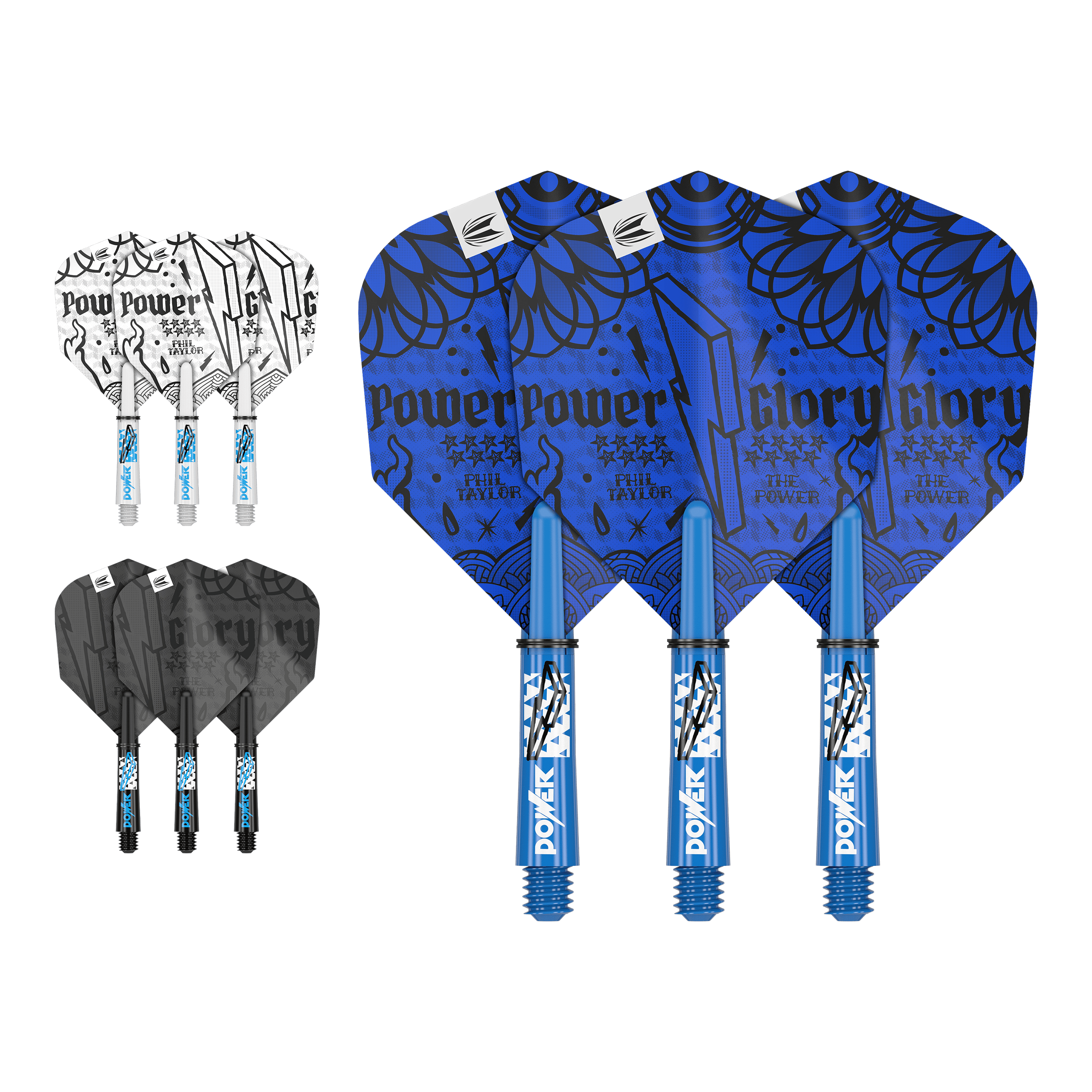 Das Bild zeigt drei unterschiedliche Sets von Darts-Flights und -Shafts in den Farben Blau, Weiß und Schwarz. Auf den Flights stehen Wörter wie "Power" und "Glory" sowie der Name "Phil Taylor".