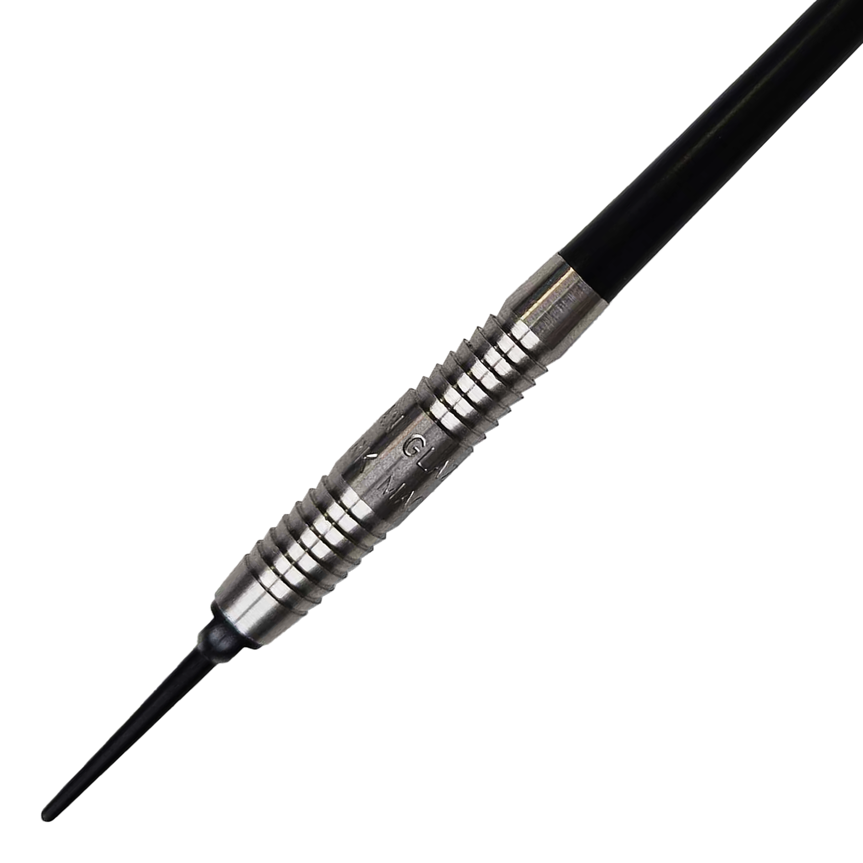 Das Bild zeigt einen McKicks Alam Glazier Shark Machine Softdart. Der Dartpfeil hat eine silberne Griffzone mit Rillen und eine schwarze Spitze.