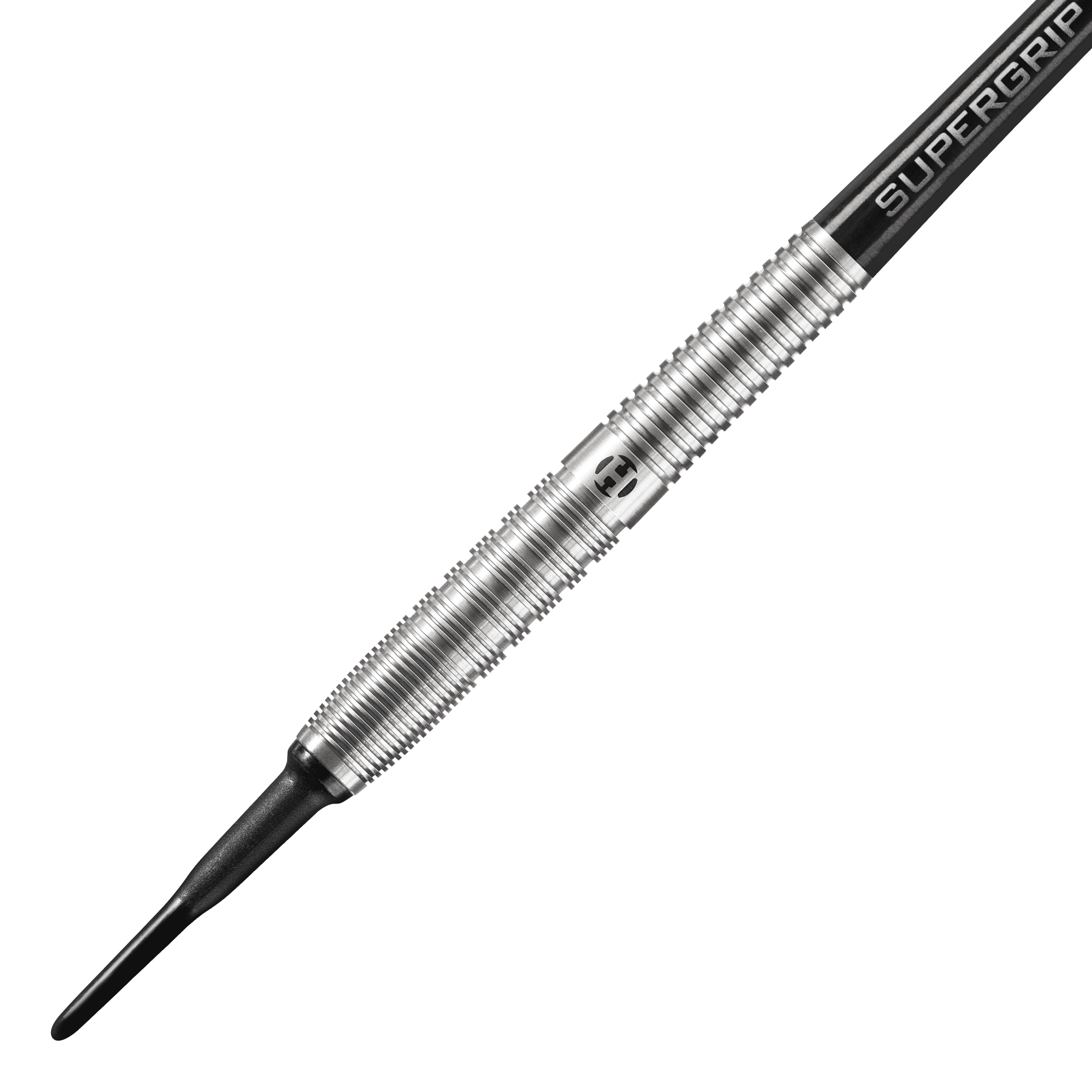 Das Bild zeigt einen Harrows Control Tapered Softdart. Der Dartpfeil hat einen silbernen, geriffelten Schaft und eine schwarze Spitze.