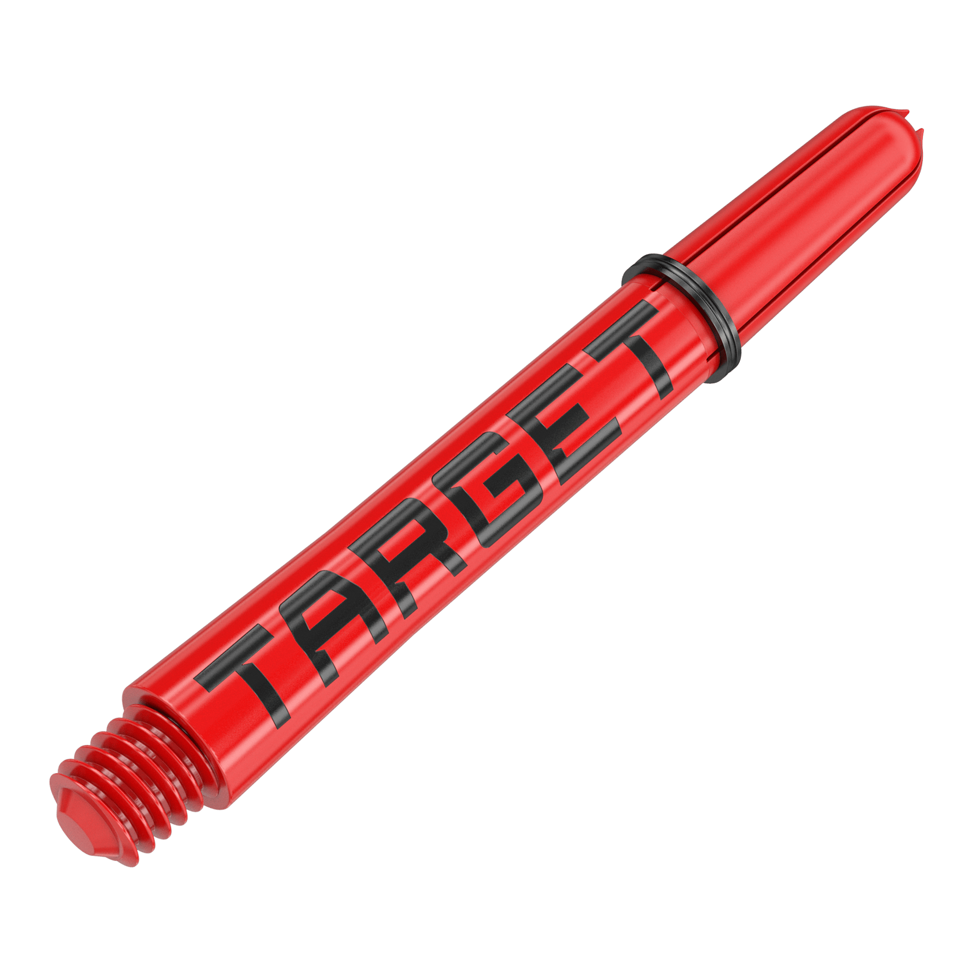 Target Pro Grip TAG Shafts - 3 Sets - Rot Das Bild zeigt einen roten Dartschafte mit der Aufschrift "TARGET" in schwarzen Buchstaben. Der Schaft hat ein Schraubgewinde und einen schwarzen Gummiring.