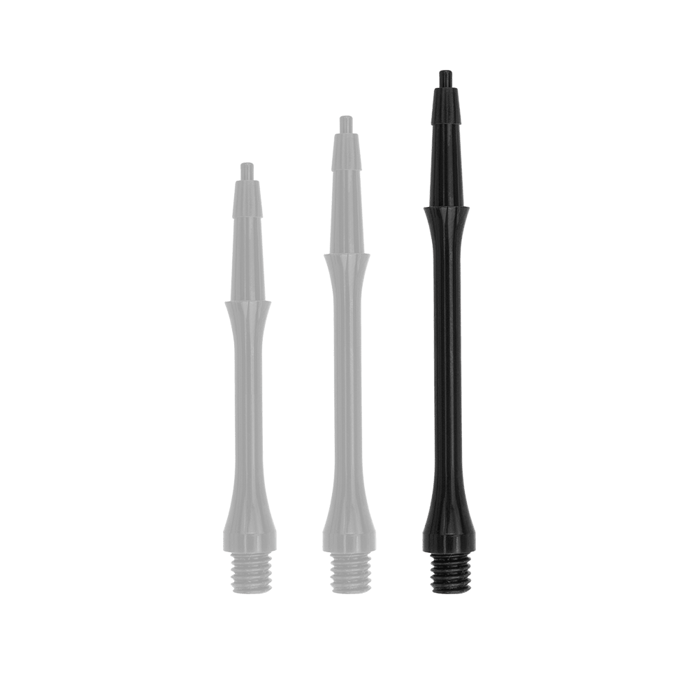HRC-12589_Harrows_Clic_Slim_Shafts_Black_37mm_1 Das Bild zeigt drei schwarze Harrows Clic Slim Shafts in unterschiedlichen Längen. Sie sind dünn, zylindrisch und haben an einem Ende ein Gewinde.