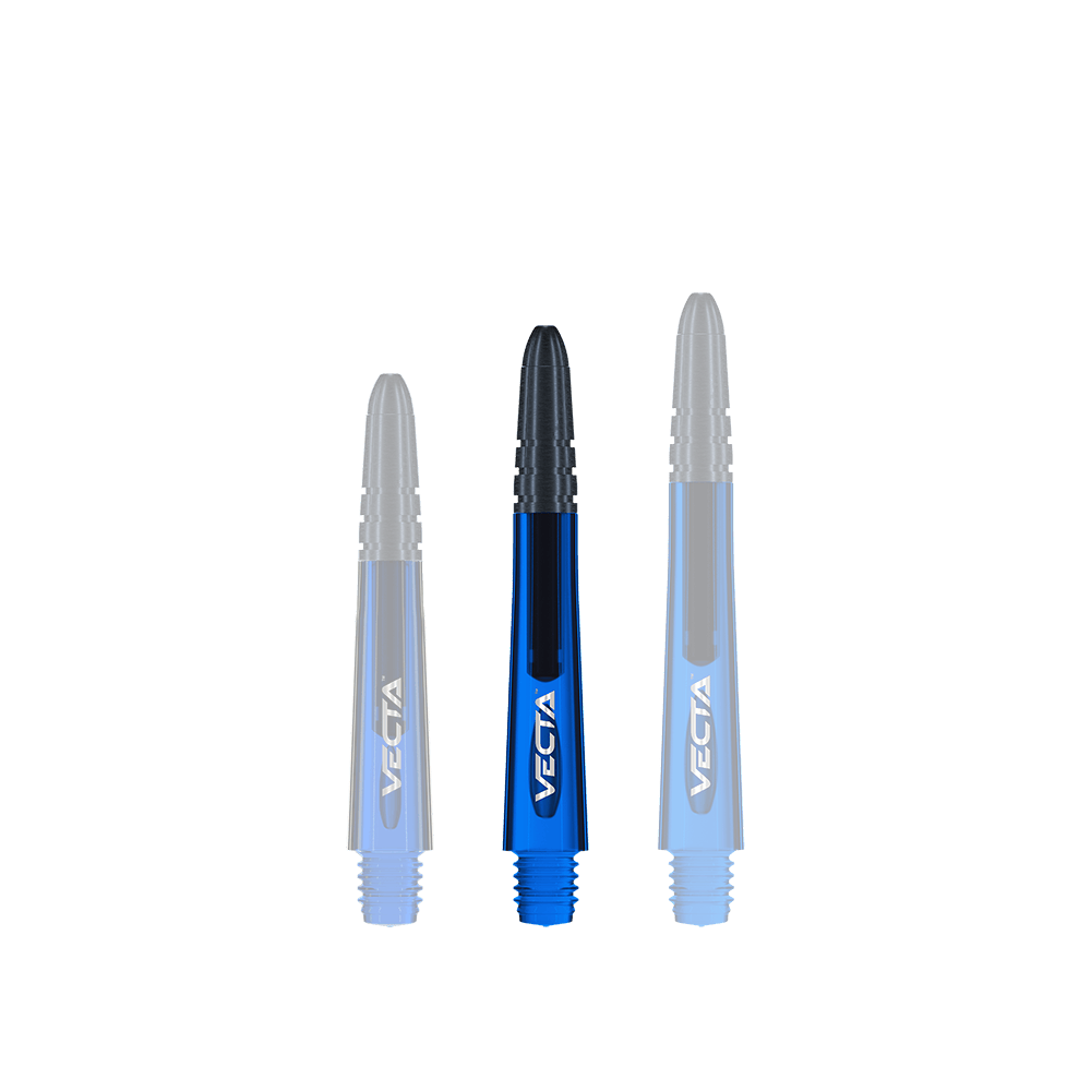 7025-405_Winmau_Vecta_Shafts_Blau_37mm_1T5ZYjeLw3SVZ8 Das Bild zeigt drei blaue Winmau Vecta Shafts, die als Ersatzteile für Dartpfeile verwendet werden. Sie haben eine glänzende Oberfläche und das Wort "VECTA" ist in Weiß darauf zu sehen.