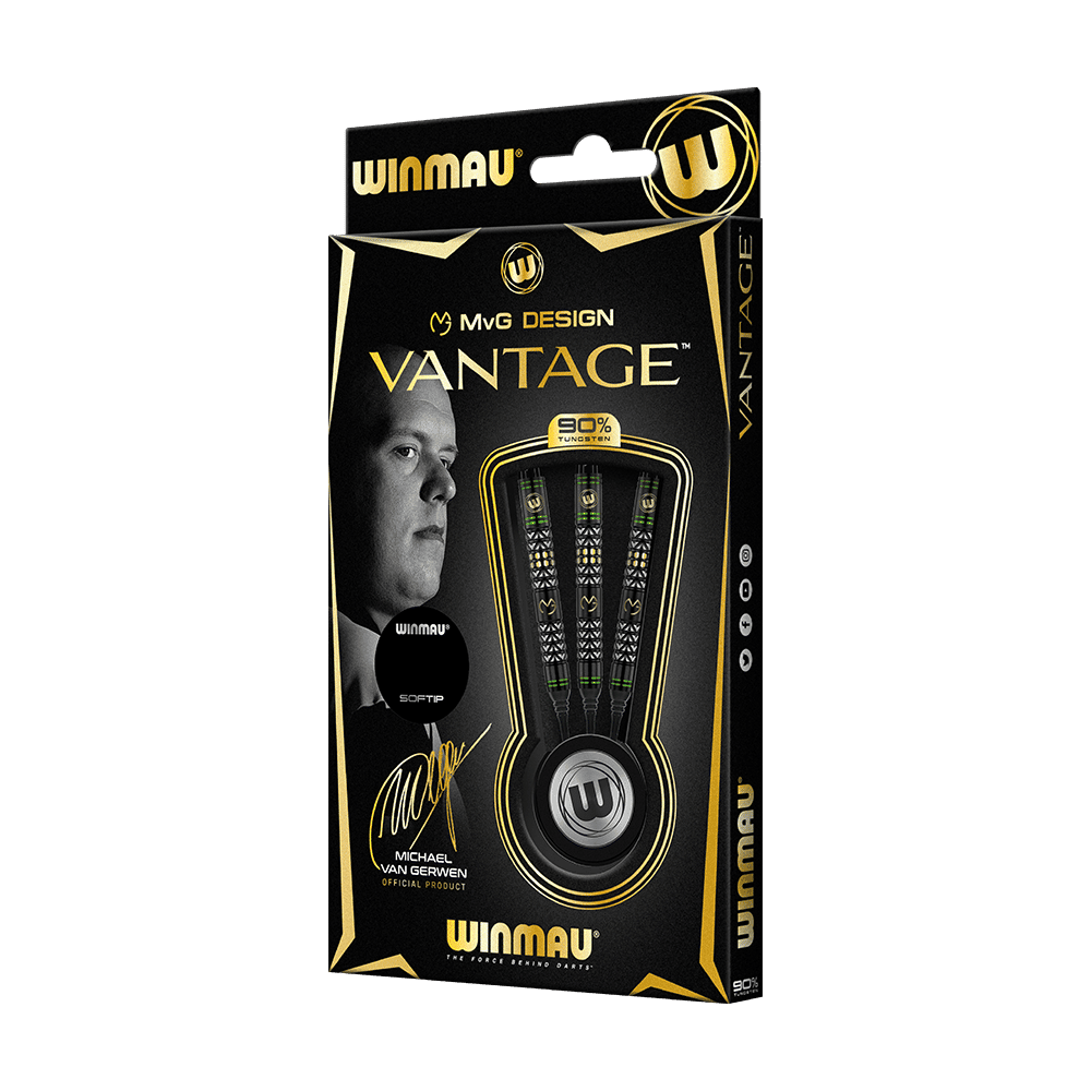 Die Abbildung zeigt die Winmau Michael van Gerwen MvG Vantage Softdarts in ihrer Verpackung. Das Design ist in Schwarz und Gold gehalten und enthält das Bild und die Unterschrift von Michael van Gerwen.