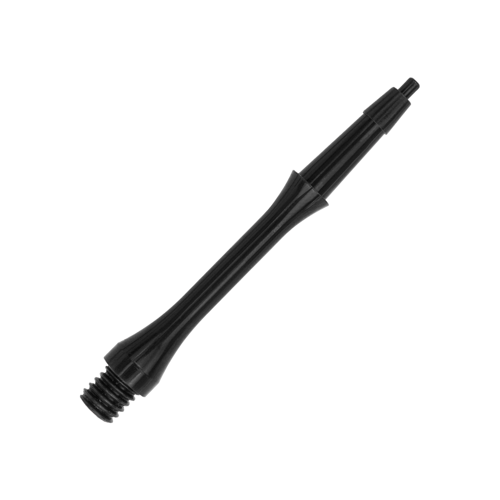 Das Bild zeigt einen schwarzen Harrows Clic Slim Shaft. Es handelt sich um ein schlankes Kunststoffteil für Darts.