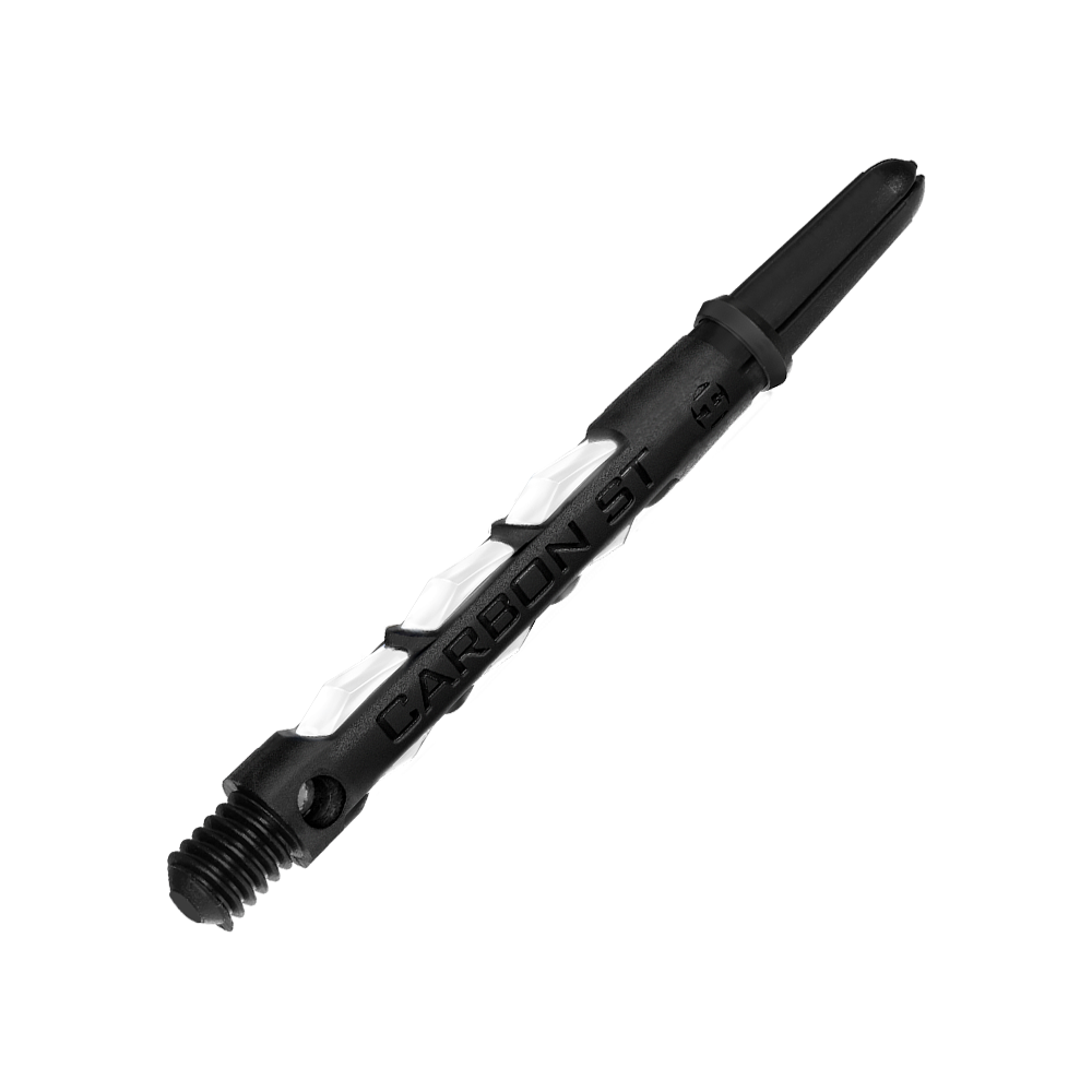 Auf dem Bild ist ein Harrows Carbon ST Shafts in Weiß zu sehen. Der Schaft ist schwarz mit weißen Akzenten und besteht aus robustem Material.
