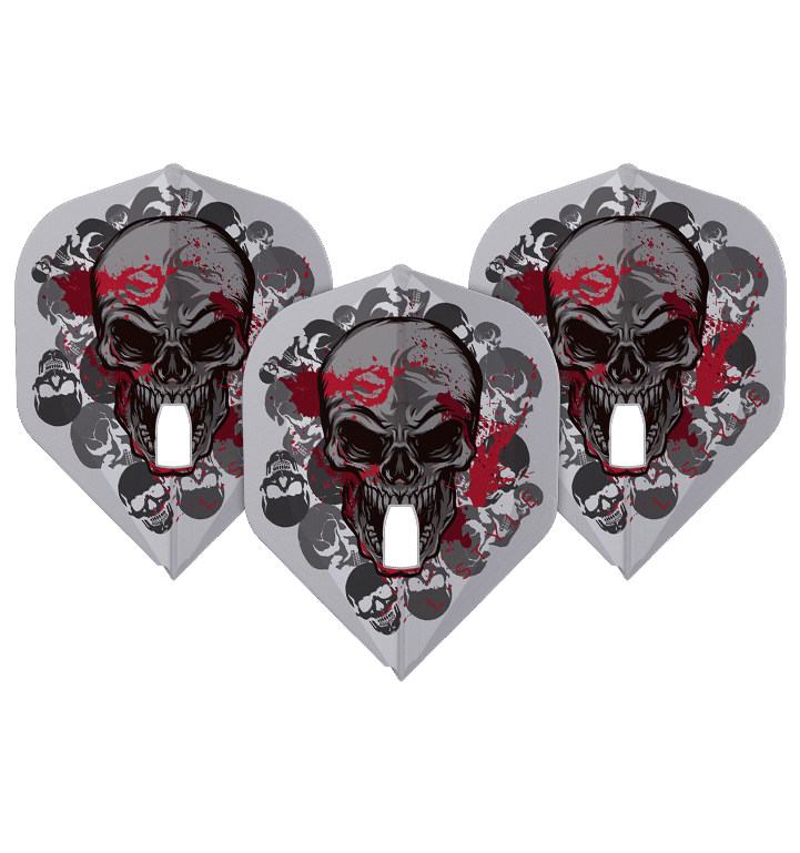 Auf dem Bild sind drei Dartflights mit einem auffälligen Totenkopf-Design in dunklen und roten Farben zu sehen. Es handelt sich um die L-Style Ryan Searle V2 Clear White Signature Champagne L1PRO Flights.
