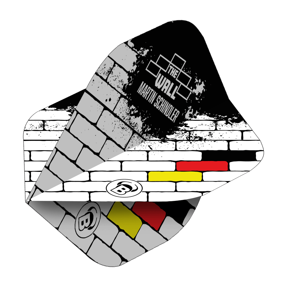 Das Bild zeigt die Bulls B-Star Martin Schindler White No2 Standard Flights. Das Design erinnert an eine weiße Backsteinmauer mit den Farben der deutschen Flagge und dem Text "The Wall Martin Schindler".