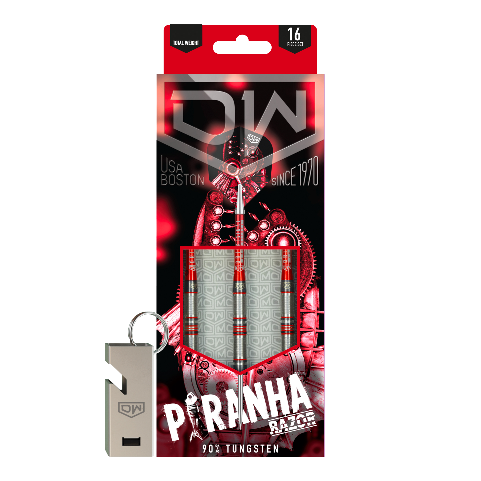 DW Piranha Razor 01 Steeldarts Das Bild zeigt die Verpackung der "DW Piranha Razor 01 Steeldarts". In der Packung sind drei Darts aus 90% Tungsten und ein silberner Schlüsselanhänger enthalten.