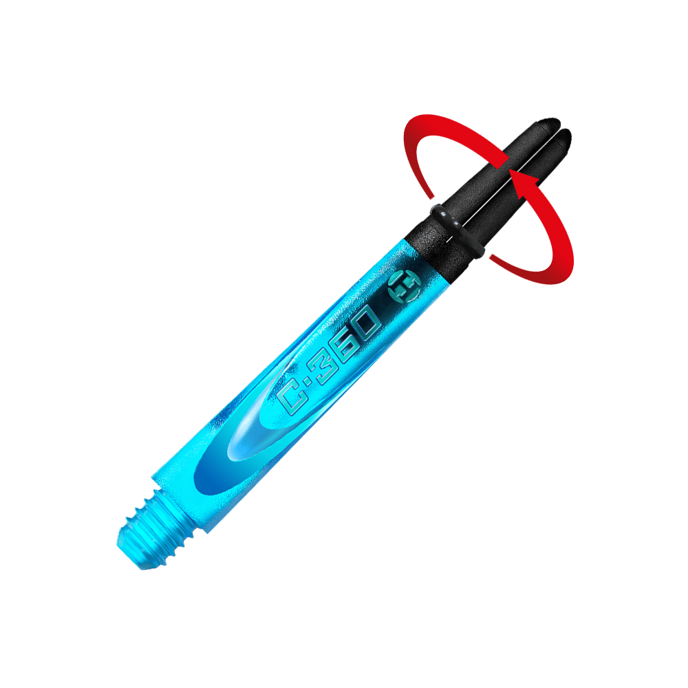 HR444_Harrows_Carbon_360_Shafts_Aqua_42mm_2_Symbol Dies ist ein blauer Dart-Schaft mit der Aufschrift "C-360". Der obere Teil des Schafts ist schwarz und zeigt eine besondere Verbindung.