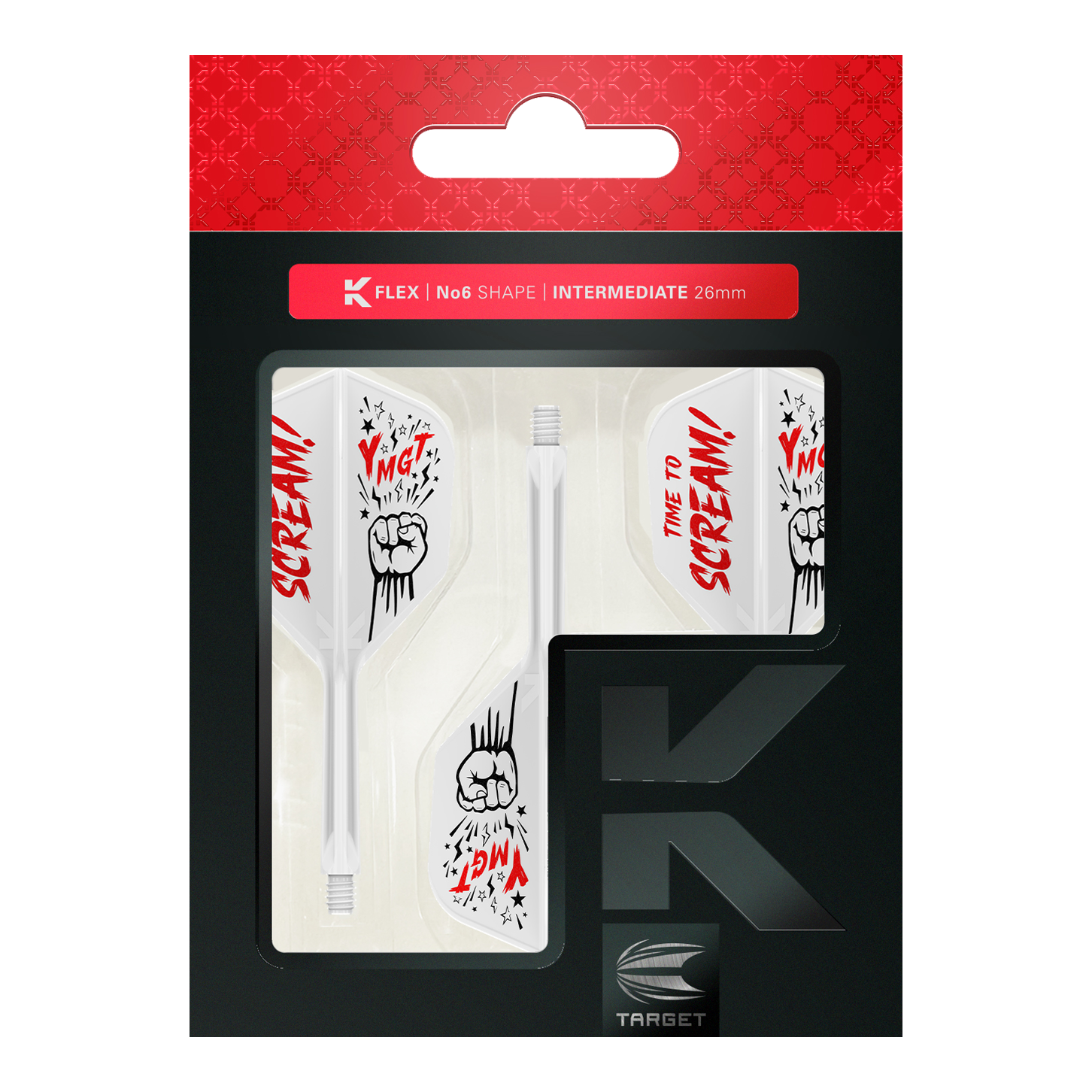 Target Japan K-Flex Scream No6 Flight-Shaft-System Das Bild zeigt das Produkt „Target Japan K-Flex Scream No6 Flight-Shaft-System“ in seiner Verpackung. Die Flights sind weiß mit roten und schwarzen Grafiken und dem Schriftzug „TIME TO SCREAM!“.