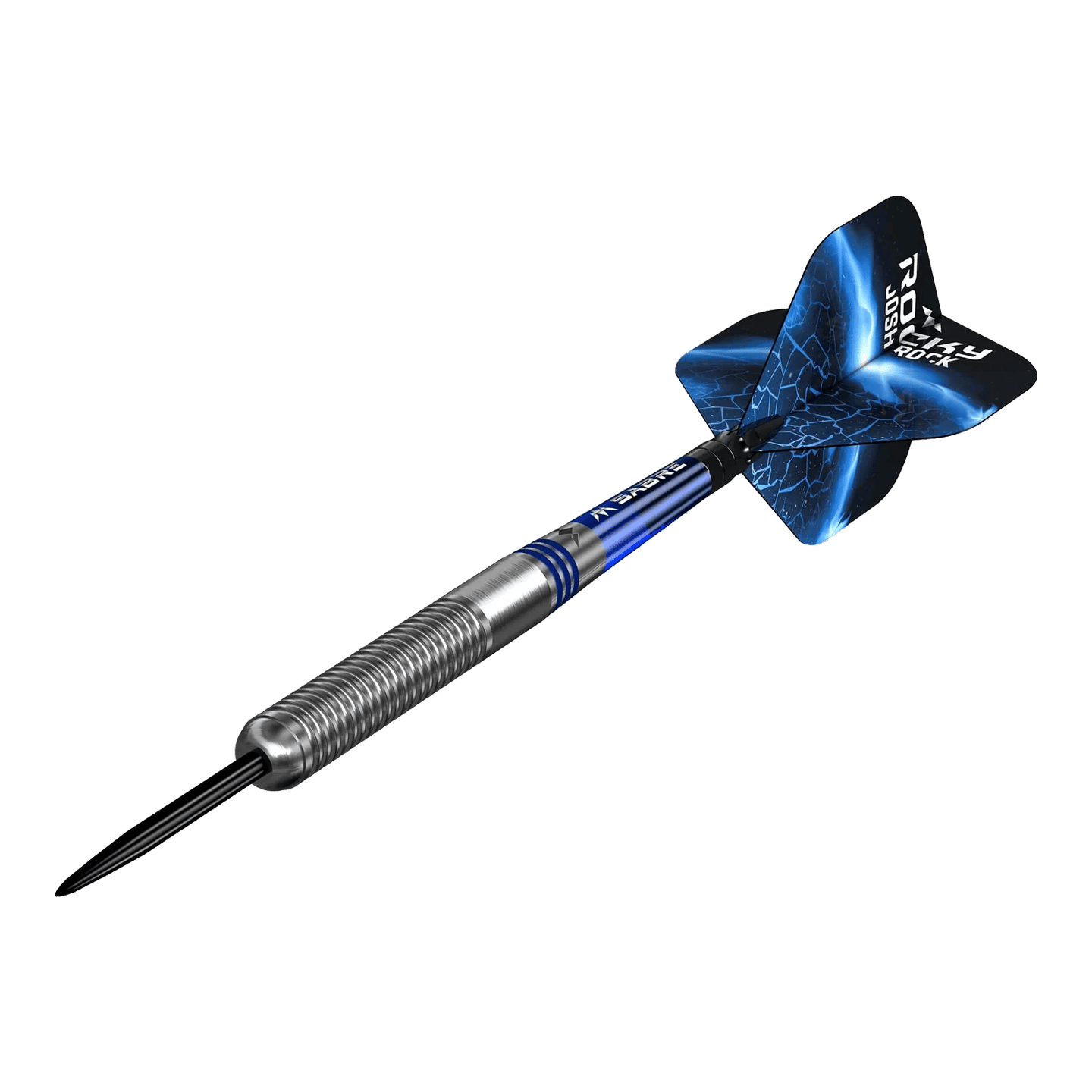 Der Mission Josh Rock V2 Silver Blue PVD Steeldart wiegt 24 Gramm. Er hat ein silbernes Griffstück mit blauen Akzenten und ein auffälliges, blau gemustertes Flight.