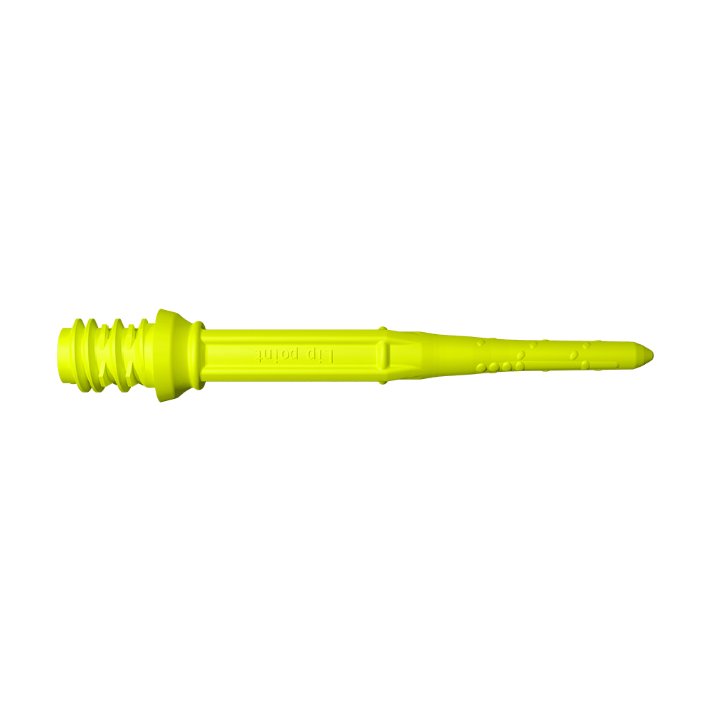 LIP46_L-Style_Premium_Lippoints_30_Softdartspitzen_30erPack_Neongelb_2 Das Bild zeigt eine neongelbe Softdartspitze. Sie hat eine gerillte Befestigungsseite und eine glatte, spitz zulaufende Front.