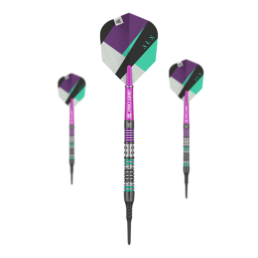 Das Bild zeigt drei Softdarts des Modells "Target ALX 11". Die Darts haben ein modernes Design in Lila, Grün, Schwarz und Weiß.