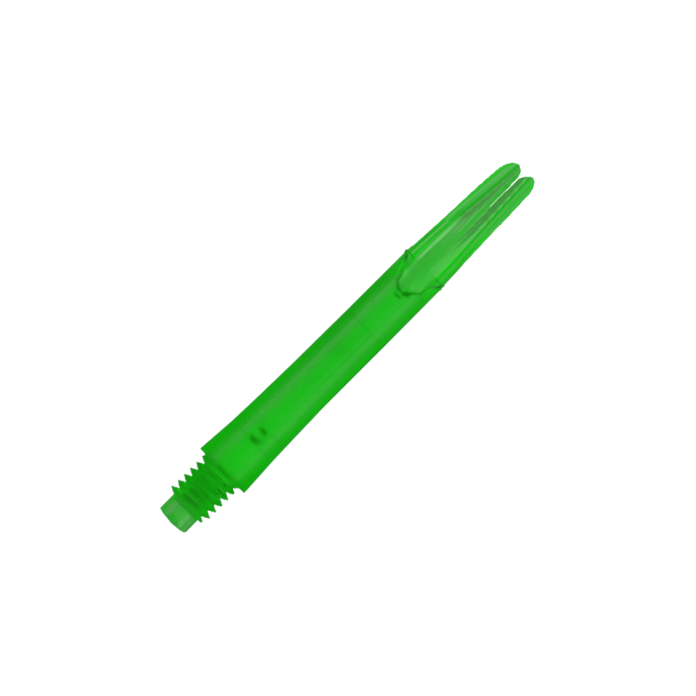 L-Style L-Shafts Locked Straight - Green 260 Auf dem Bild ist ein grüner, gerader Dart-Schaft zu sehen. Der Schaft hat ein Gewinde am unteren Ende und eine gesplittete Spitze am oberen Ende.