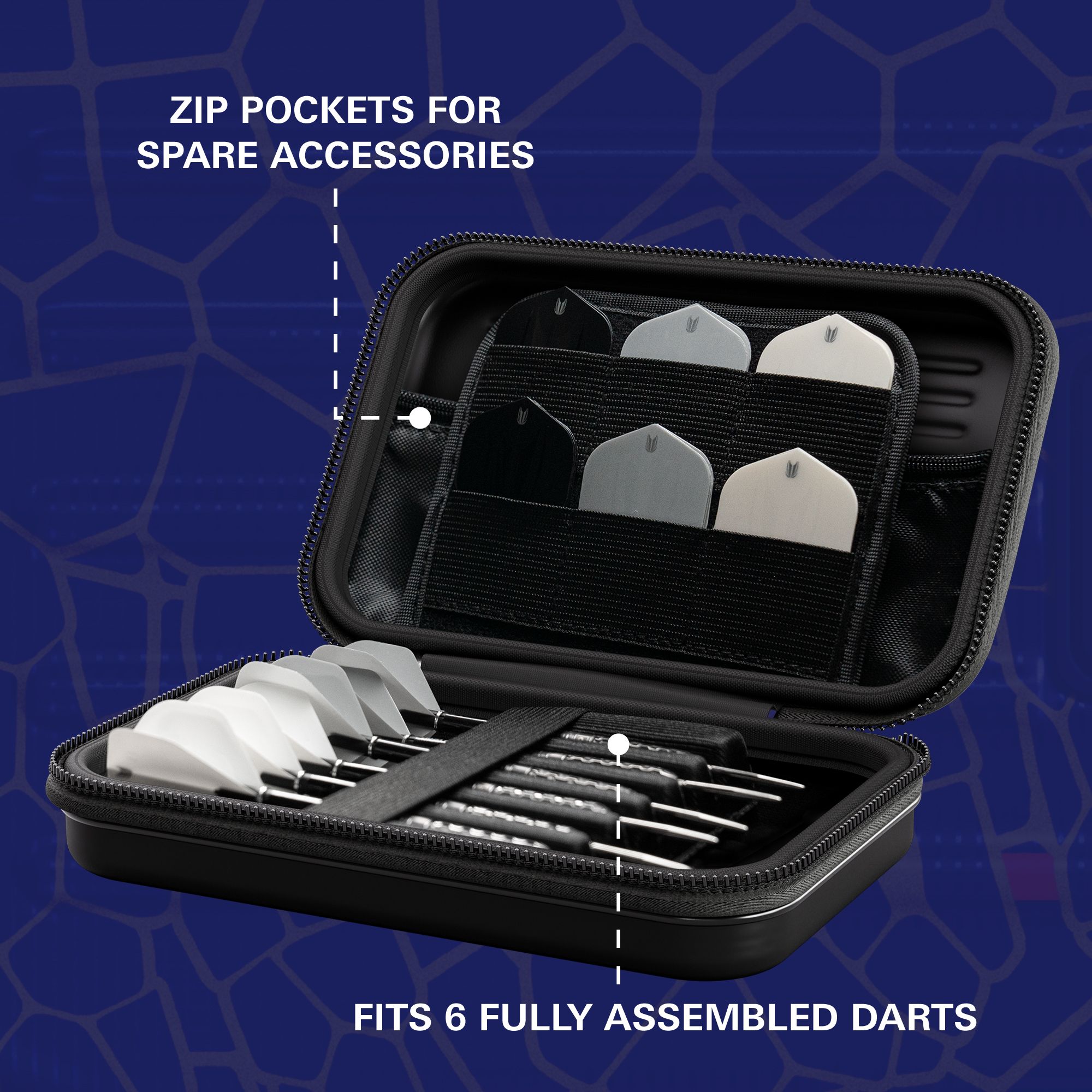 Target Takoma Josh Rock XL Dartcase Das Bild zeigt das Produkt "Target Takoma Josh Rock XL Dartcase". Es bietet Platz für sechs vollständig montierte Darts und hat Reißverschlusstaschen für Ersatz-Zubehör.
