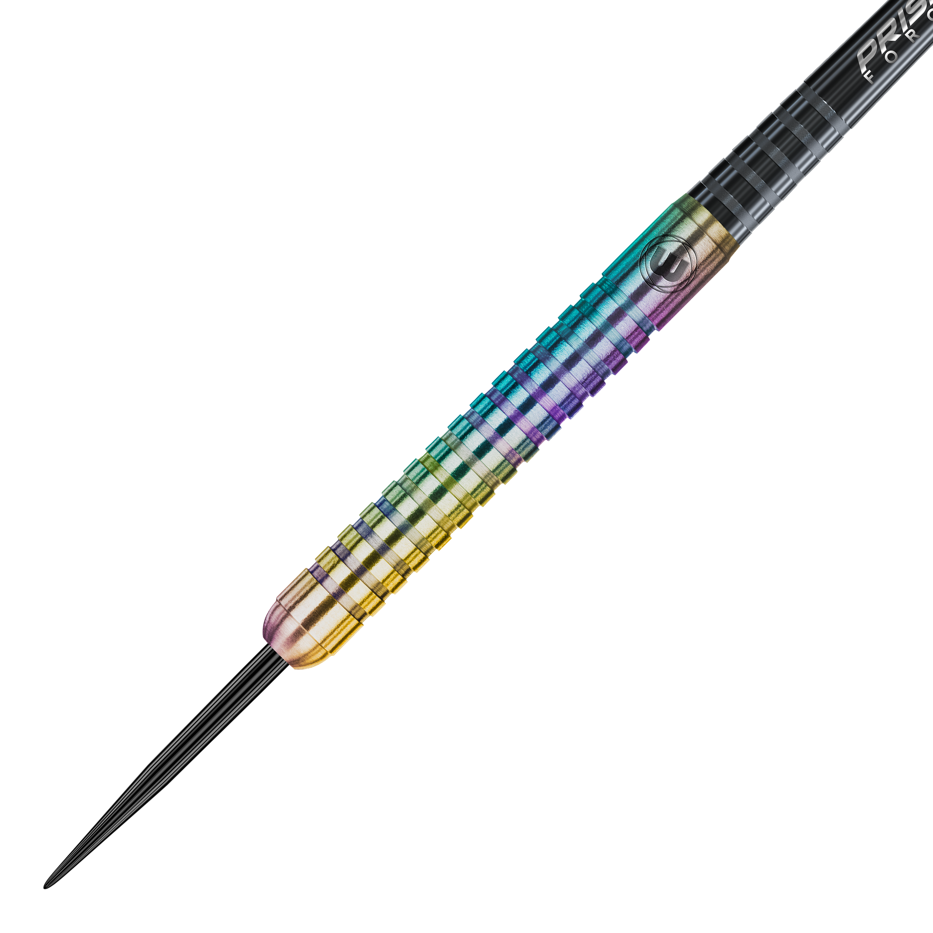 Das Bild zeigt einen Winmau Foxfire Urban Steeldart. Der Dartpfeil hat einen schillernden, mehrfarbigen Schaft mit Rillen für besseren Halt.