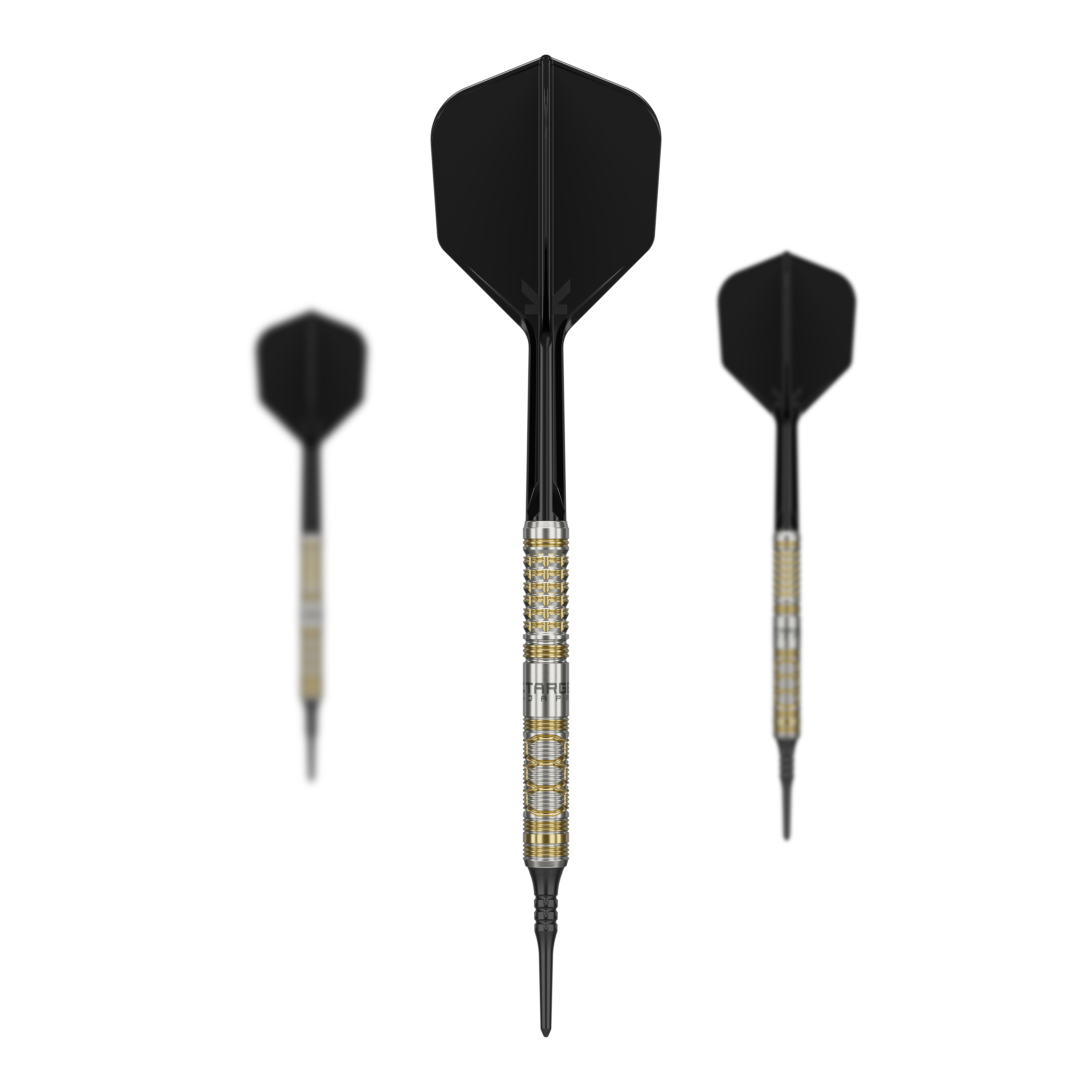 Das Bild zeigt drei Softdarts des Modells "Target Japan Black Marque Reyn GEN2" mit einem Gewicht von 17,5g. Die Darts haben schwarze Flights und einen metallisch gold-silbernen Schaft.