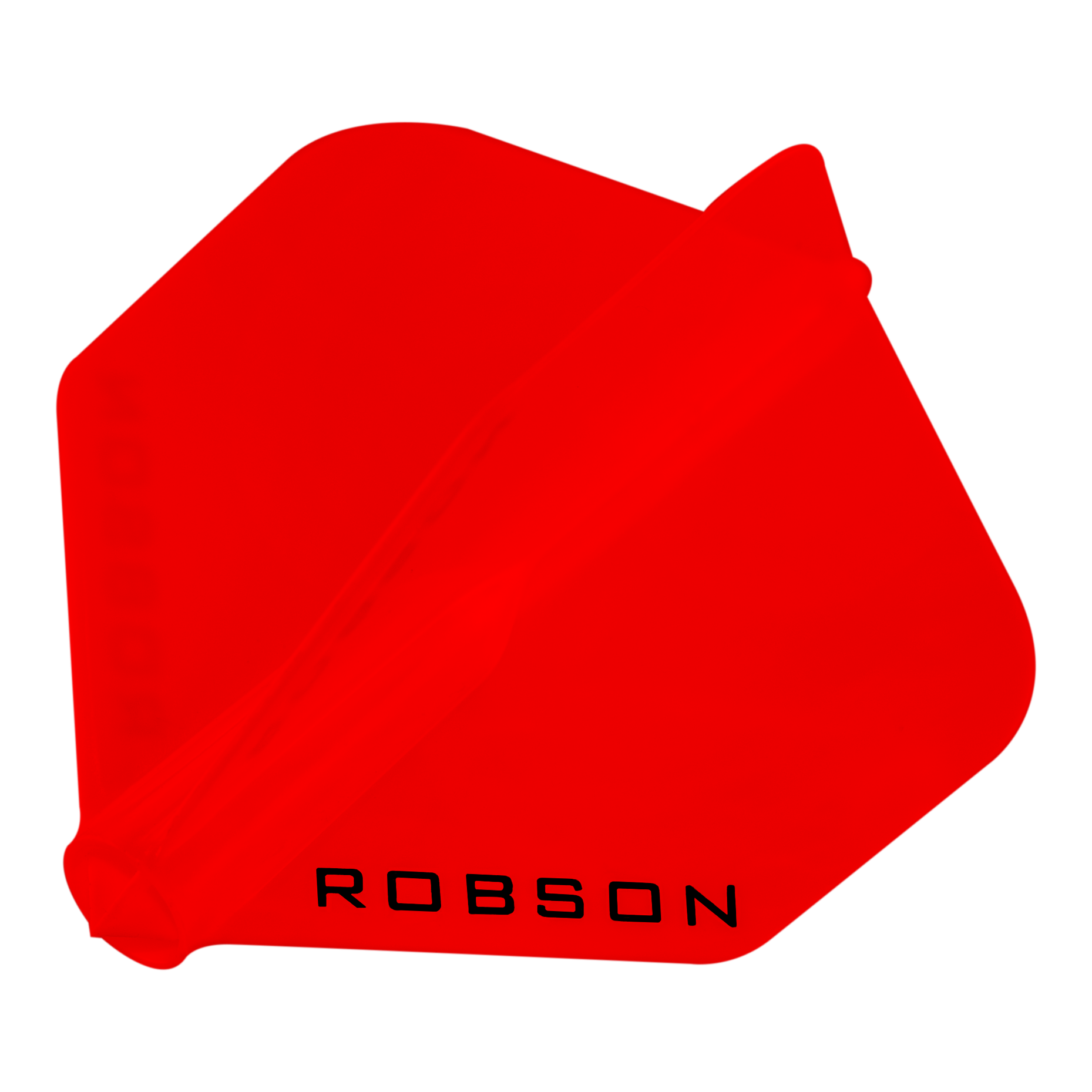 Das Bild zeigt einen roten Dartflight mit der Aufschrift "ROBSON". Der Flight hat eine sechseckige Form und ist komplett rot gefärbt.