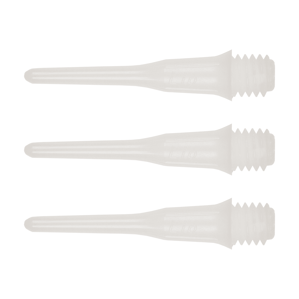 Das Bild zeigt drei kurze, durchsichtige Spitzen mit Gewinde. Es handelt sich um "Short Lippoints" aus einer 50er Packung für Dartpfeile.