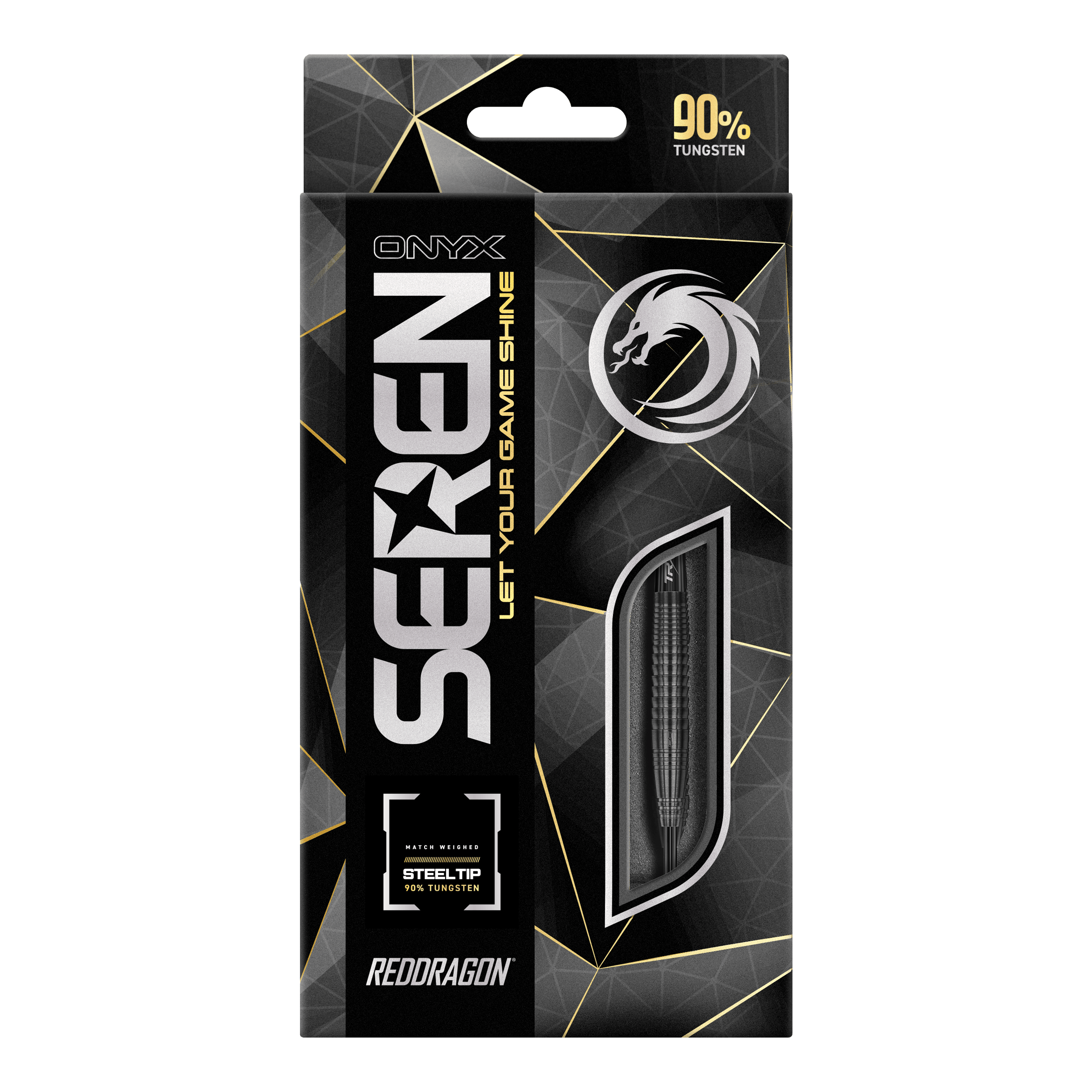 Red Dragon Seren 4 Onyx Steeldarts Das Bild zeigt die Verpackung der "Red Dragon Seren 4 Onyx Steeldarts". Auf der Verpackung steht, dass die Darts aus 90% Tungsten bestehen.