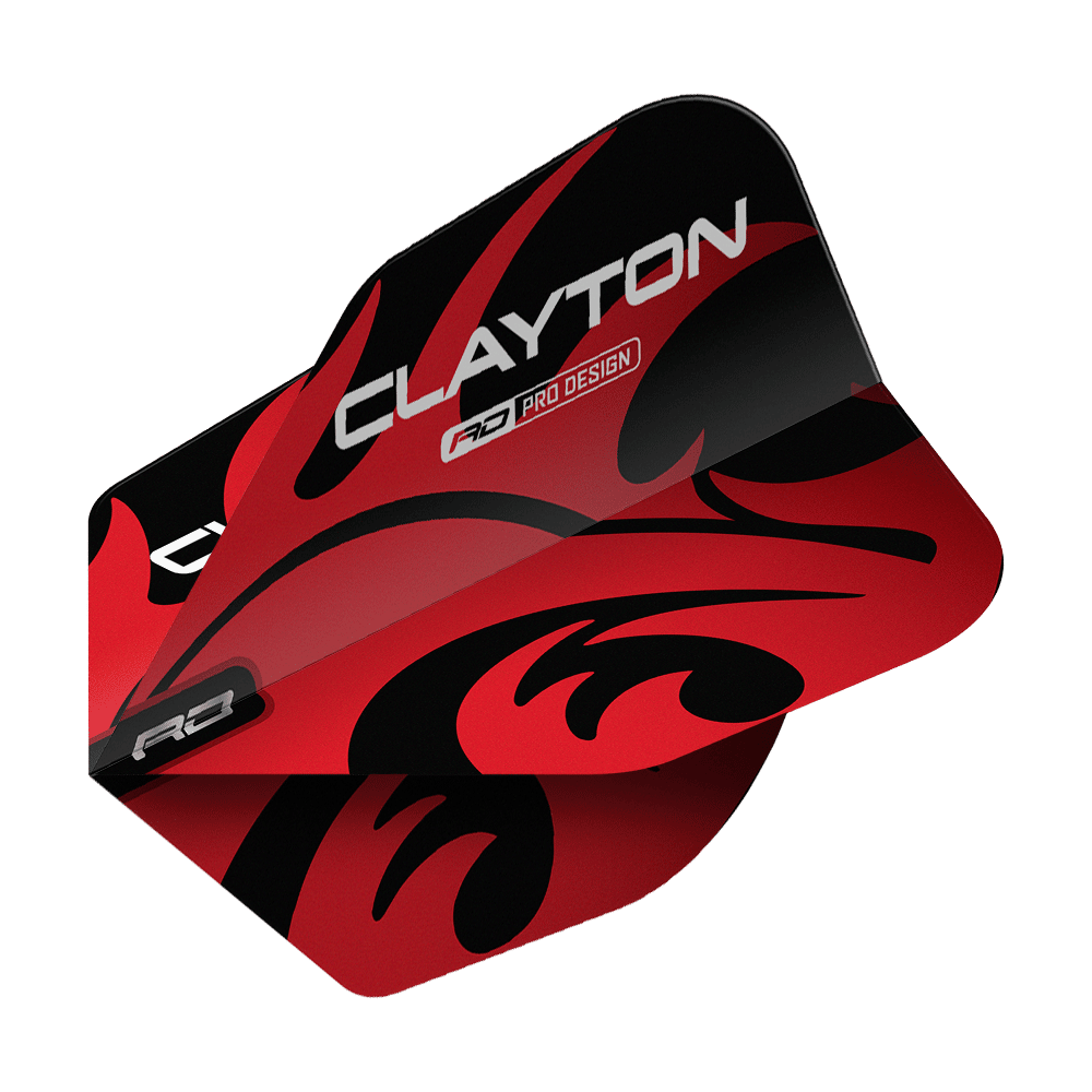 Das Bild zeigt ein Dart-Flight mit dem Produktnamen "Red Dragon Jonny Clayton Red Black No6 Flights". Das Flight ist rot und schwarz gestaltet und trägt den Schriftzug „CLAYTON“.