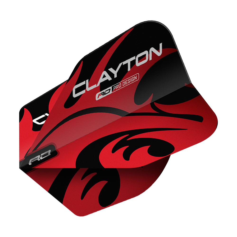 Red Dragon Jonny Clayton Red Black No6 Flights Das Bild zeigt ein Dart-Flight mit dem Produktnamen "Red Dragon Jonny Clayton Red Black No6 Flights". Das Flight ist rot und schwarz gestaltet und trägt den Schriftzug „CLAYTON“.