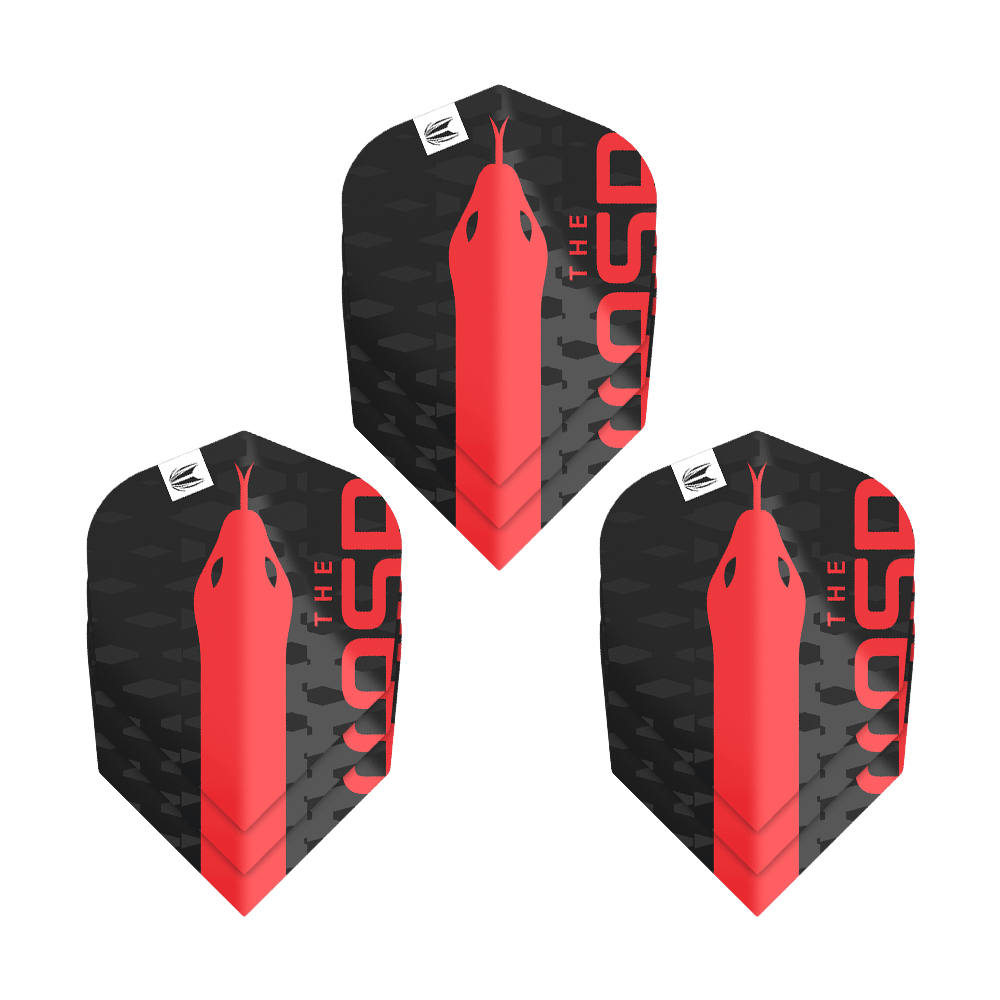 Target Pro Ultra Nathan Aspinall No6 Flights - 3 Sets Das Bild zeigt drei Sets der Target Pro Ultra Nathan Aspinall No6 Flights. Die Flights sind schwarz mit einem roten Schlangenmuster und dem Schriftzug "THE ASP".