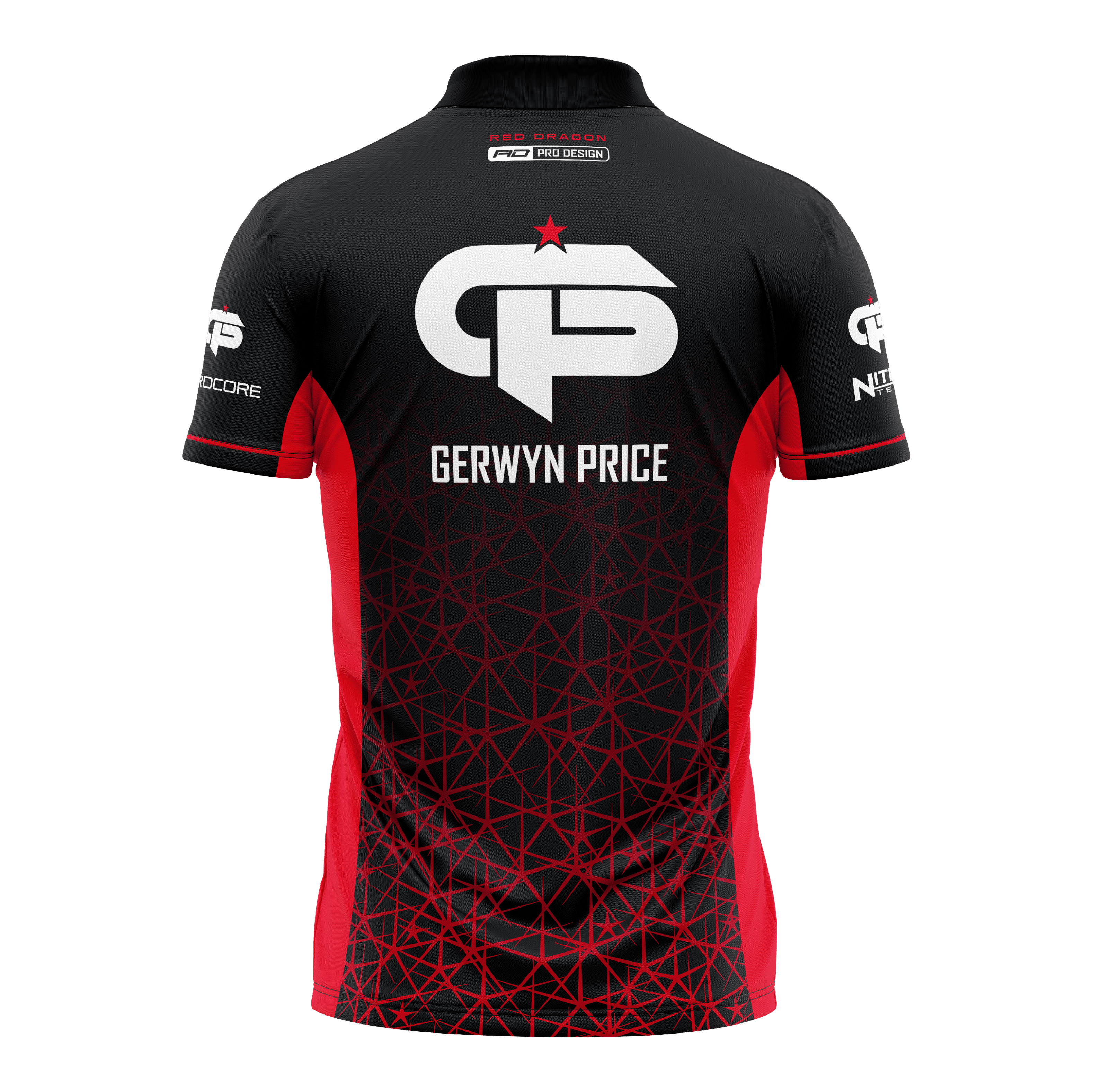 Dies ist ein schwarzes und rotes Dartshirt mit dem Namen "Gerwyn Price" auf dem Rücken. Auf dem Shirt befindet sich ein großes weißes Logo und geometrische rote Muster.