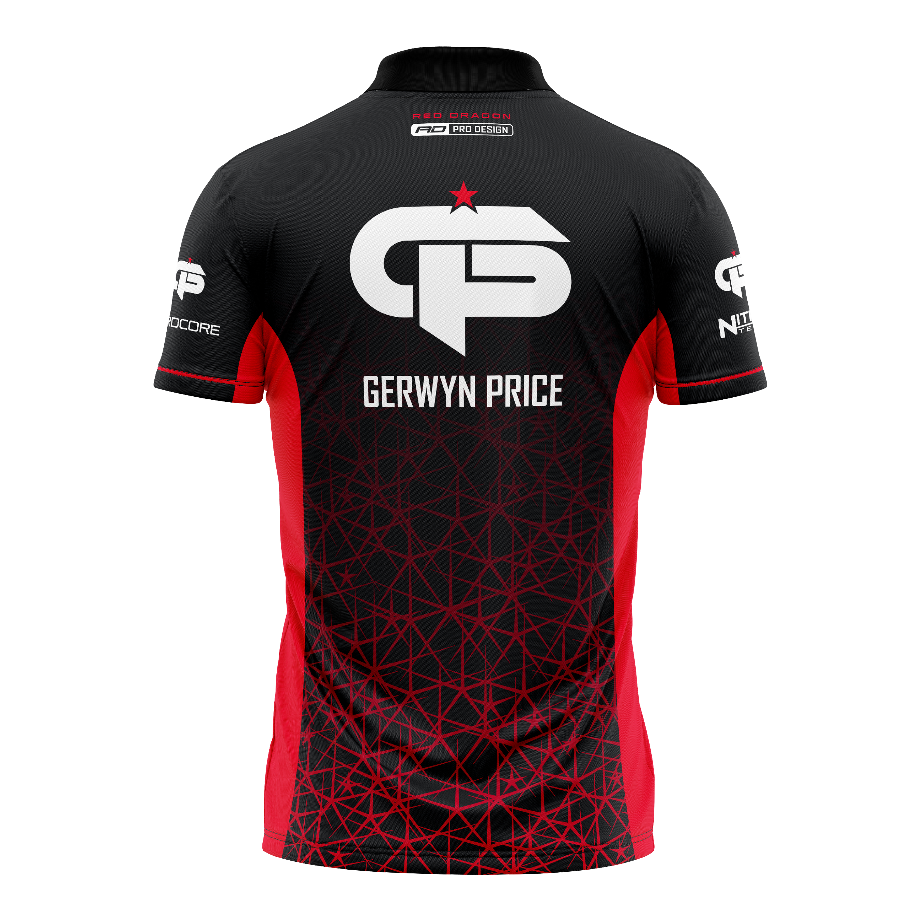 Red Dragon Gerwyn Price Red Tour Polo Dartshirt Dies ist ein schwarzes und rotes Dartshirt mit dem Namen "Gerwyn Price" auf dem Rücken. Auf dem Shirt befindet sich ein großes weißes Logo und geometrische rote Muster.