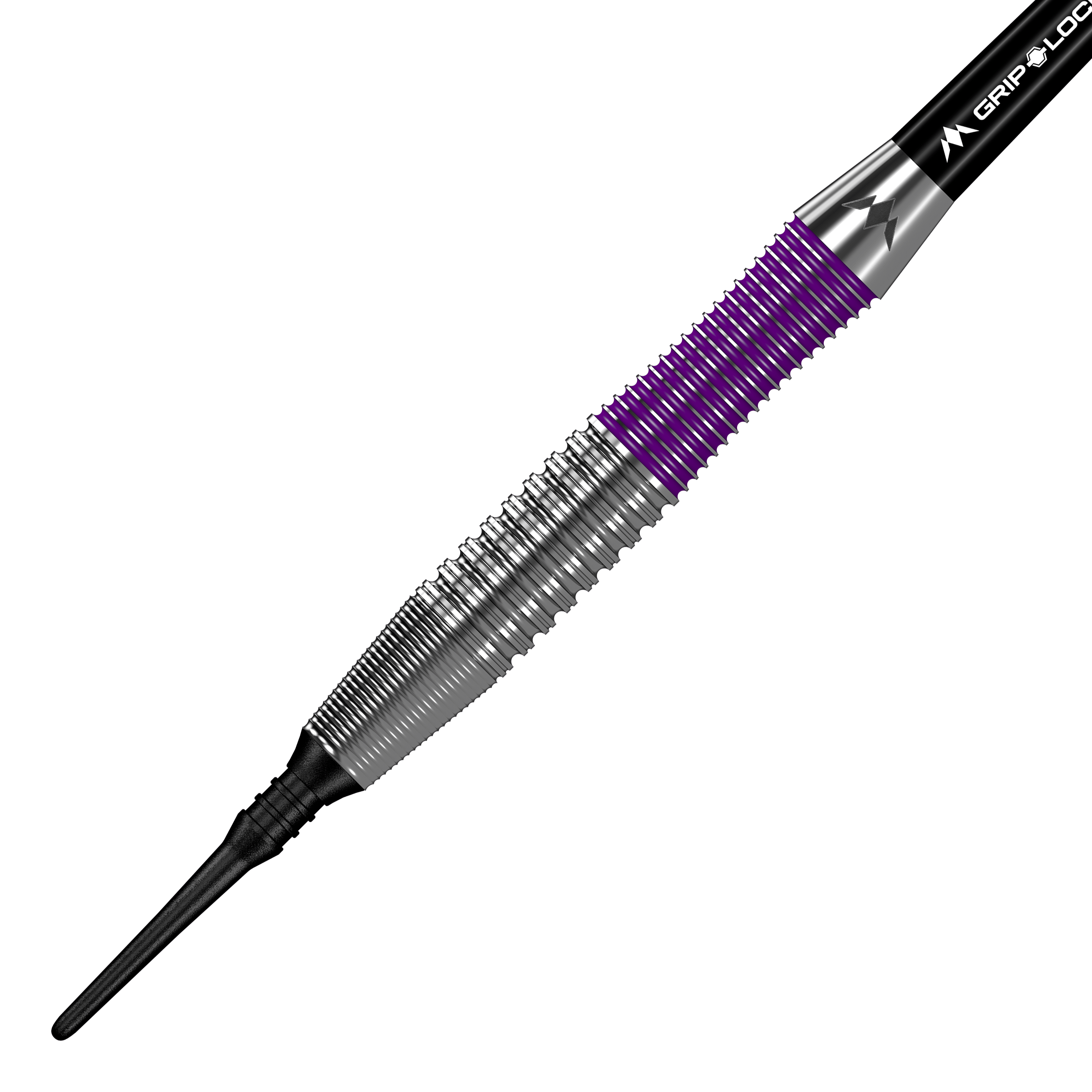 Mission Phantom Brass Softdarts - 18g Das Bild zeigt den Mission Phantom Brass Softdart mit einem Gewicht von 18 Gramm. Der Dart hat ein silbernes Griffstück mit lila Akzenten und einer schwarzen Spitze.