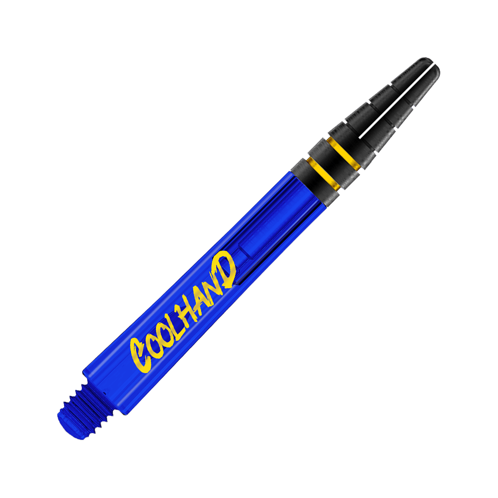 Das Bild zeigt einen blauen Dart-Schaft mit der gelben Aufschrift "COOLHAND". Der obere Teil des Schafts ist schwarz mit zwei goldenen Ringen.