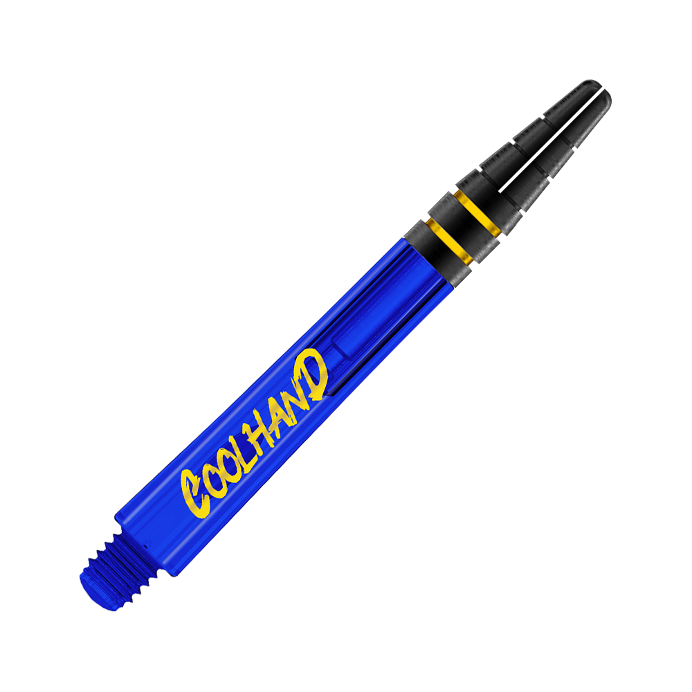 Red Dragon Nitrotech Luke Humphries Coolhand Shafts - Blau Das Bild zeigt einen blauen Dart-Schaft mit der gelben Aufschrift "COOLHAND". Der obere Teil des Schafts ist schwarz mit zwei goldenen Ringen.