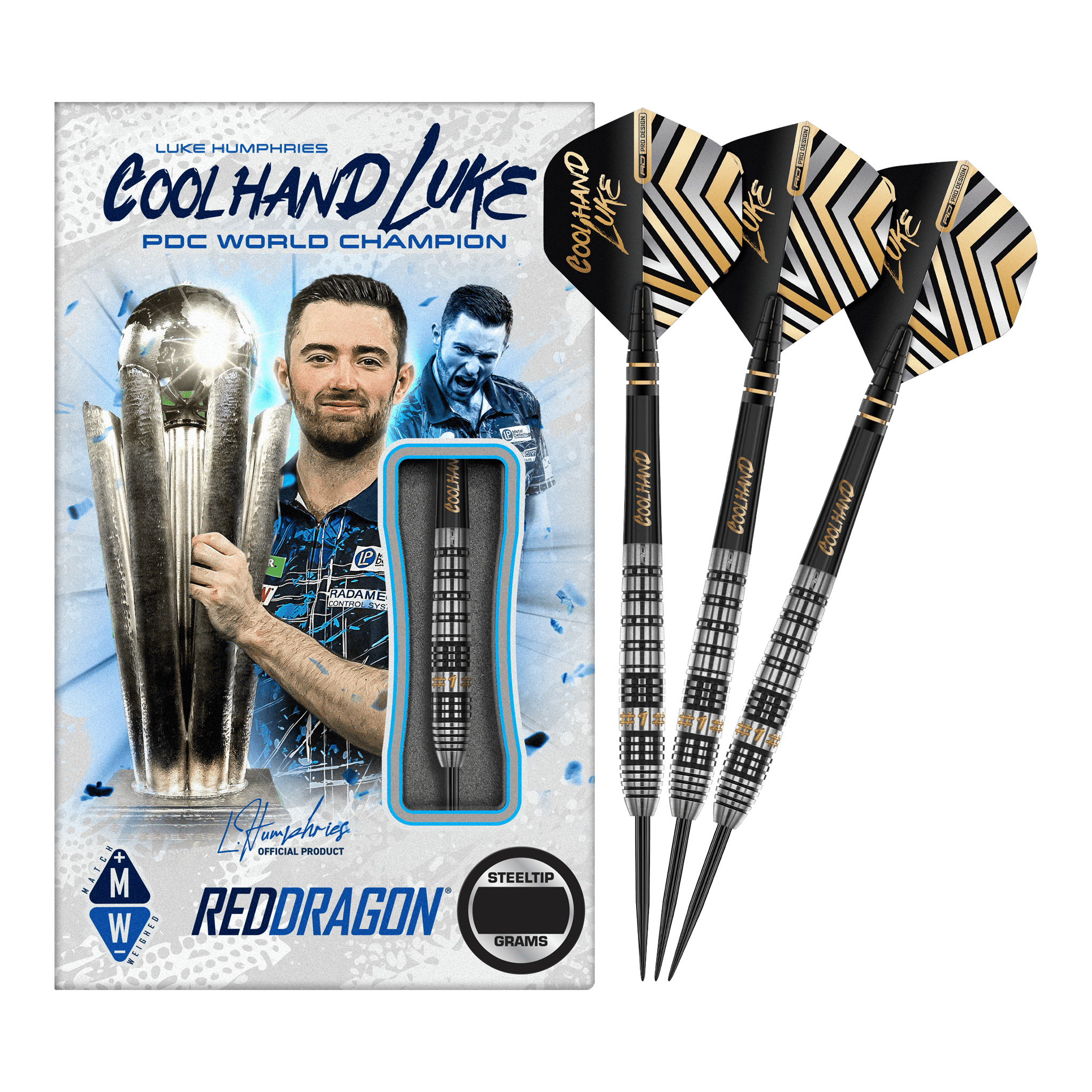 Red Dragon Luke Humphries Prestige Steeldarts Das Bild zeigt eine Packung "Red Dragon Luke Humphries Prestige Steeldarts" mit einem Bild von Luke Humphries als PDC Weltmeister. Neben der Verpackung sind drei schwarz-silberne Steeldarts mit speziellen Flights abgebildet.