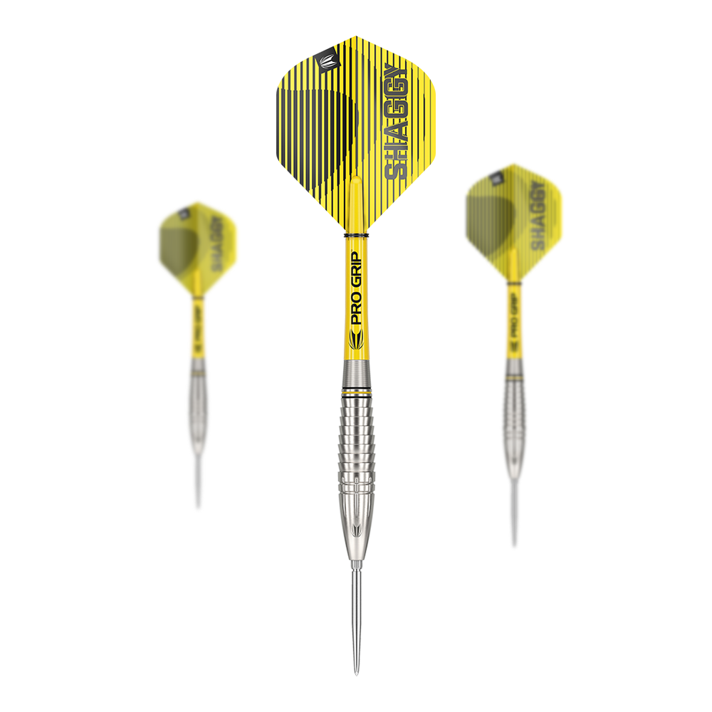 Target Scott Williams GEN1 Swiss Point Steeldarts Das Bild zeigt drei Target Scott Williams GEN1 Swiss Point Steeldarts mit gelb-schwarzen Flights. Die Darts haben silberne Spitzen und Griffe mit „Pro Grip“-Schäften.