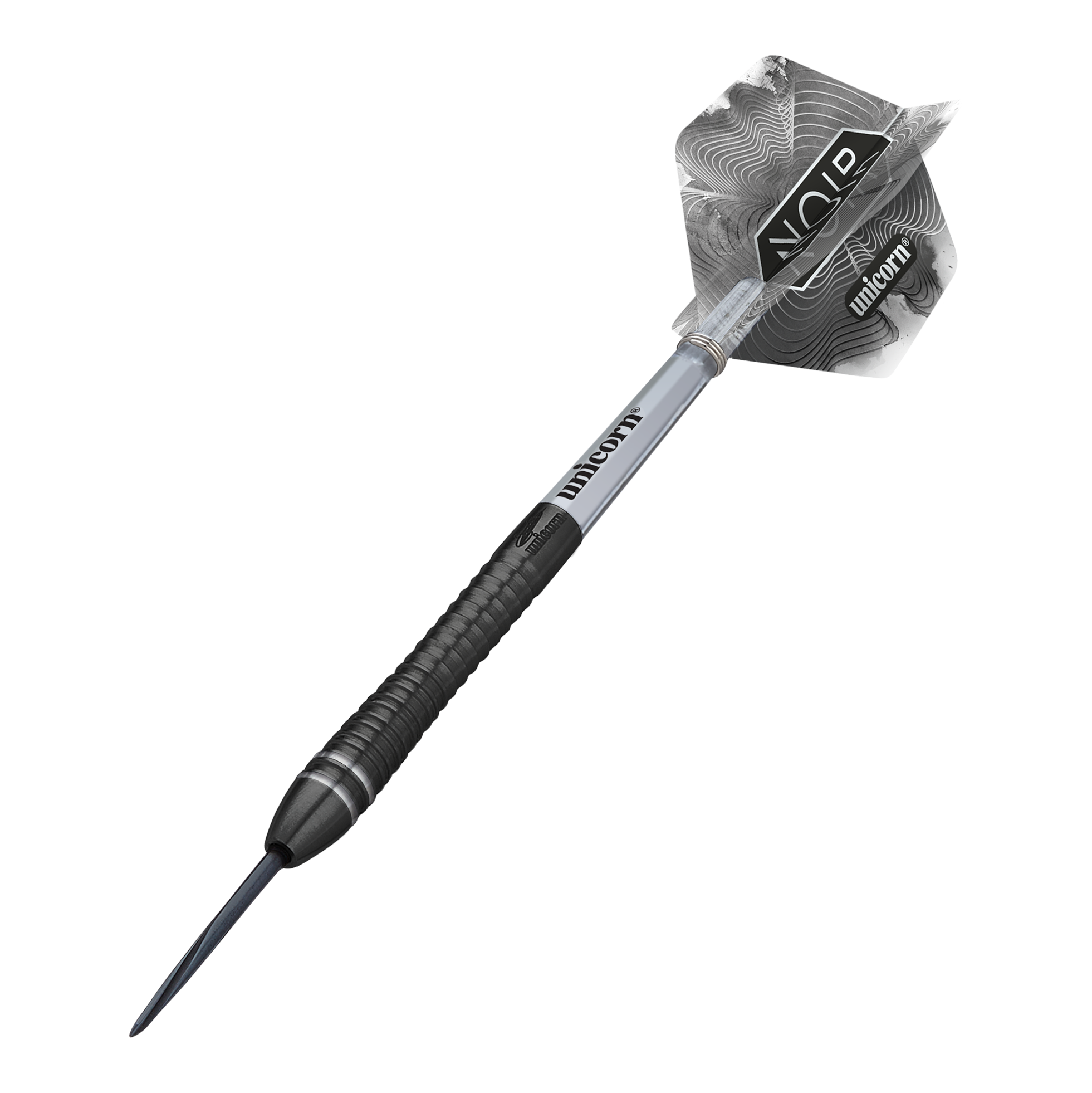 Das Bild zeigt einen Steeldart aus der Produktreihe „Unicorn World Champion Gary Anderson Noir Phase 6“. Der Dart hat ein modernes, schwarzes Design mit silbernen Akzenten und individuell gestaltetem Flight.