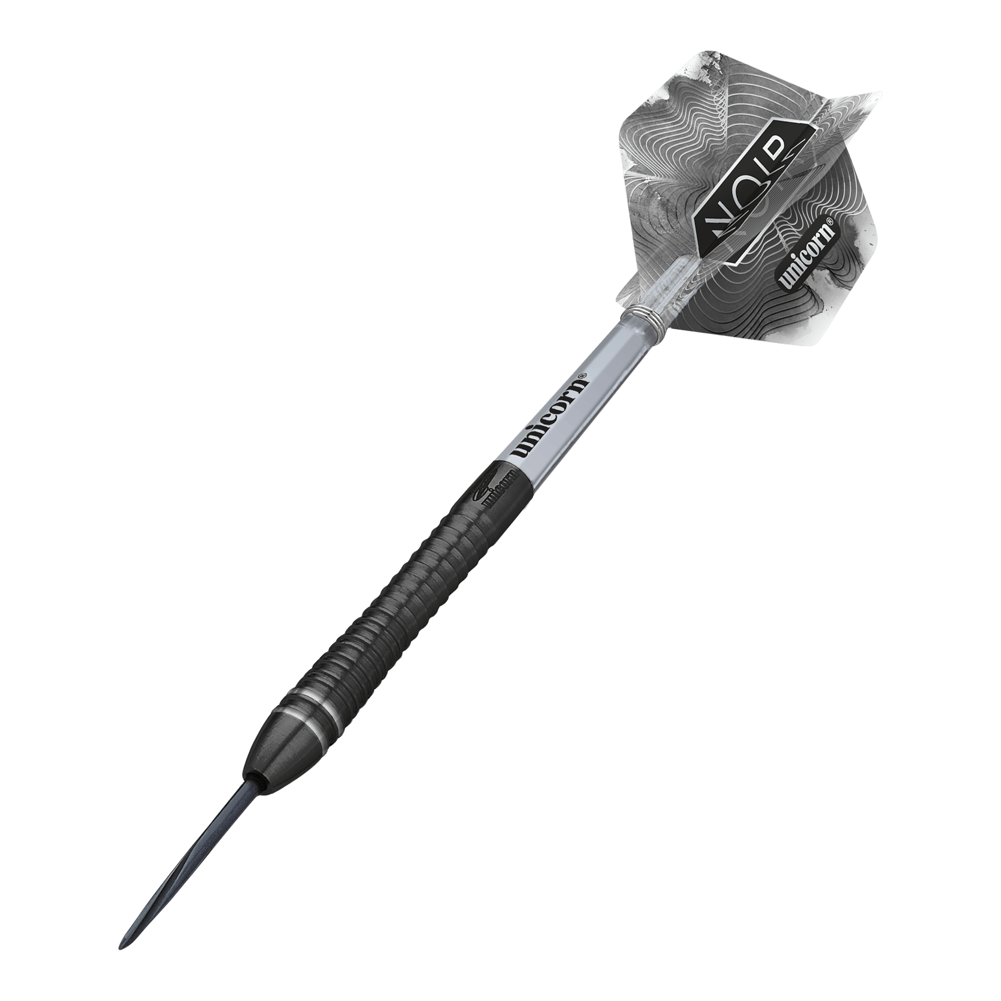 Unicorn World Champion Gary Anderson Noir Phase 6 Steeldarts Das Bild zeigt einen Steeldart aus der Produktreihe „Unicorn World Champion Gary Anderson Noir Phase 6“. Der Dart hat ein modernes, schwarzes Design mit silbernen Akzenten und individuell gestaltetem Flight.
