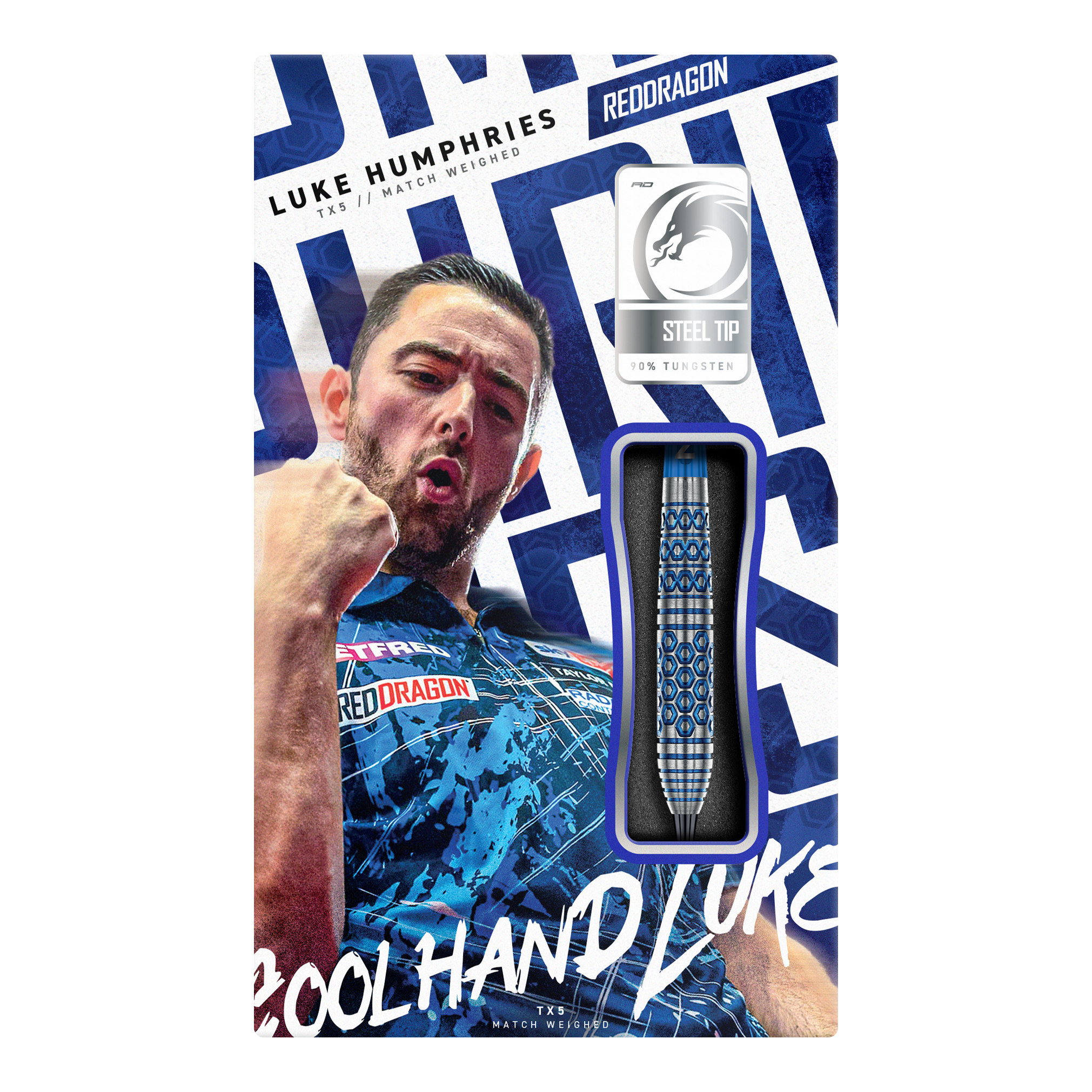 Gezeigt werden die Red Dragon Luke Humphries TX5 Steeldarts. Das Foto stellt die Steeldarts aus einer weiteren Perspektive dar.