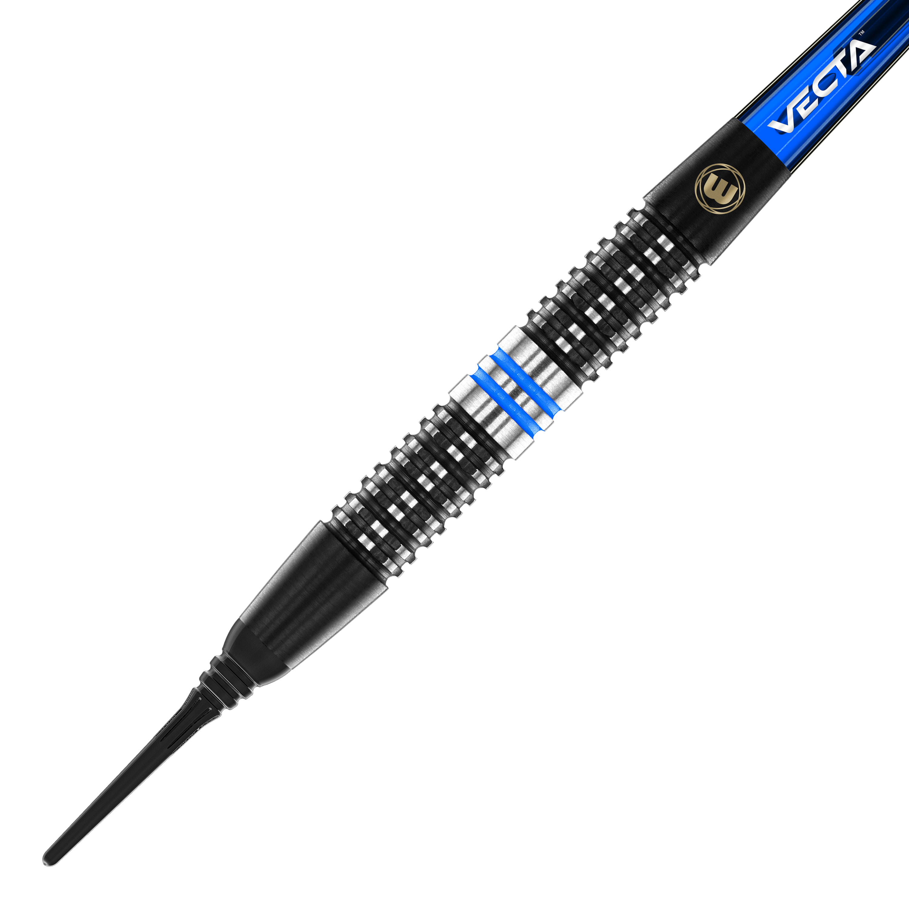 Winmau Galactics Softdarts - 20g Das Bild zeigt einen Winmau Galactics Softdart mit einem Gewicht von 20 Gramm. Der Dart hat ein schwarzes Griffteil mit silbernen und blauen Akzenten.