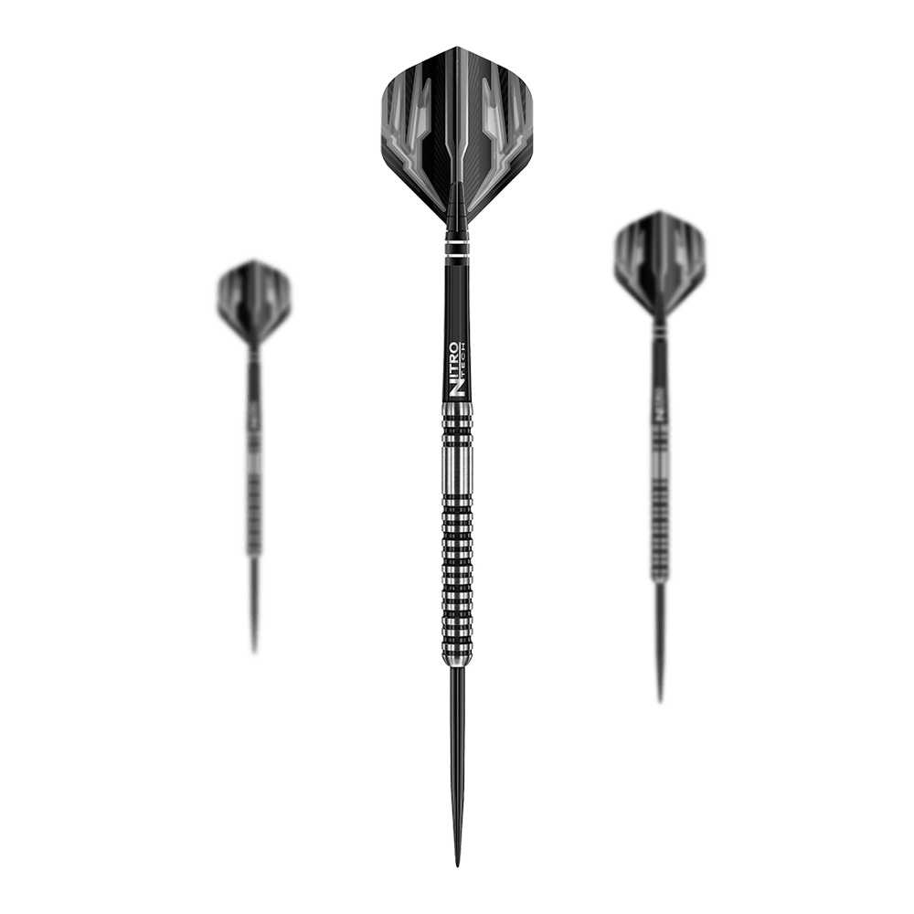 Red Dragon Dragonfly 3 Steeldarts Das Bild zeigt drei Steeldarts des Modells "Red Dragon Dragonfly 3". Die Darts haben ein schwarz-silbernes Design mit strukturiertem Griff.
